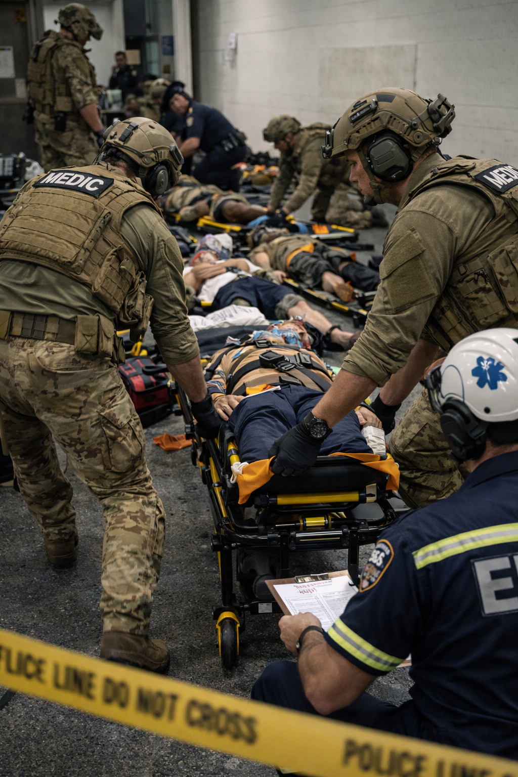 Medical responders prioritizing and preparing casualties for tactical evacuation at a casualty collection point