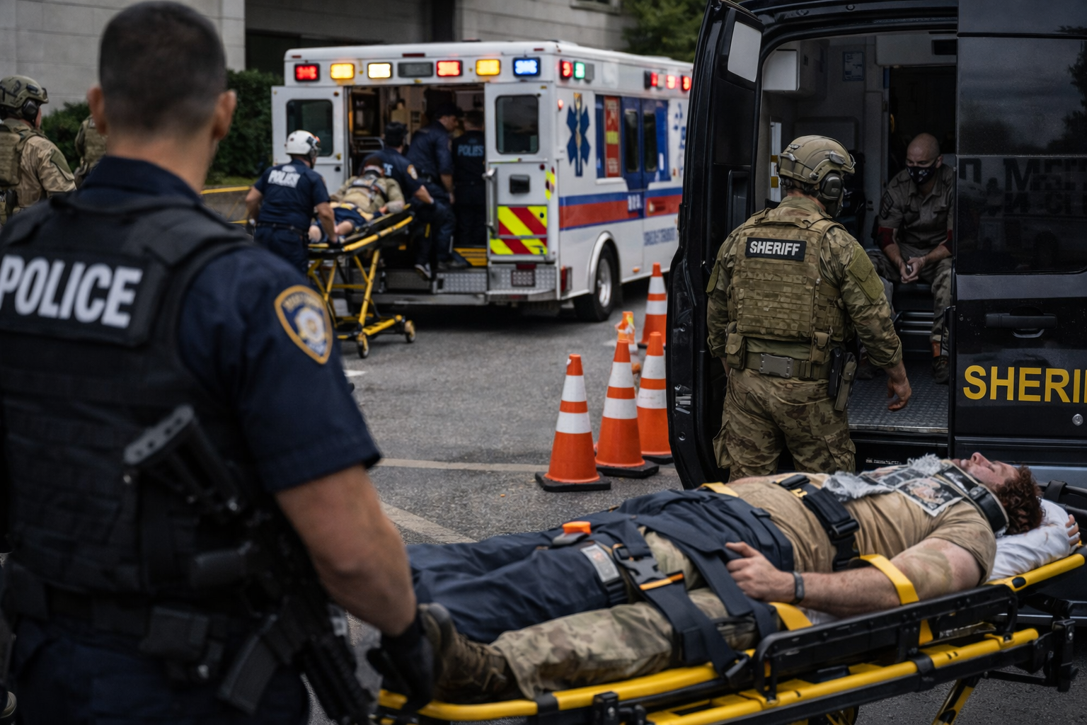 Law enforcement and EMS coordinating separate secure transport operations during a high-threat tactical evacuation