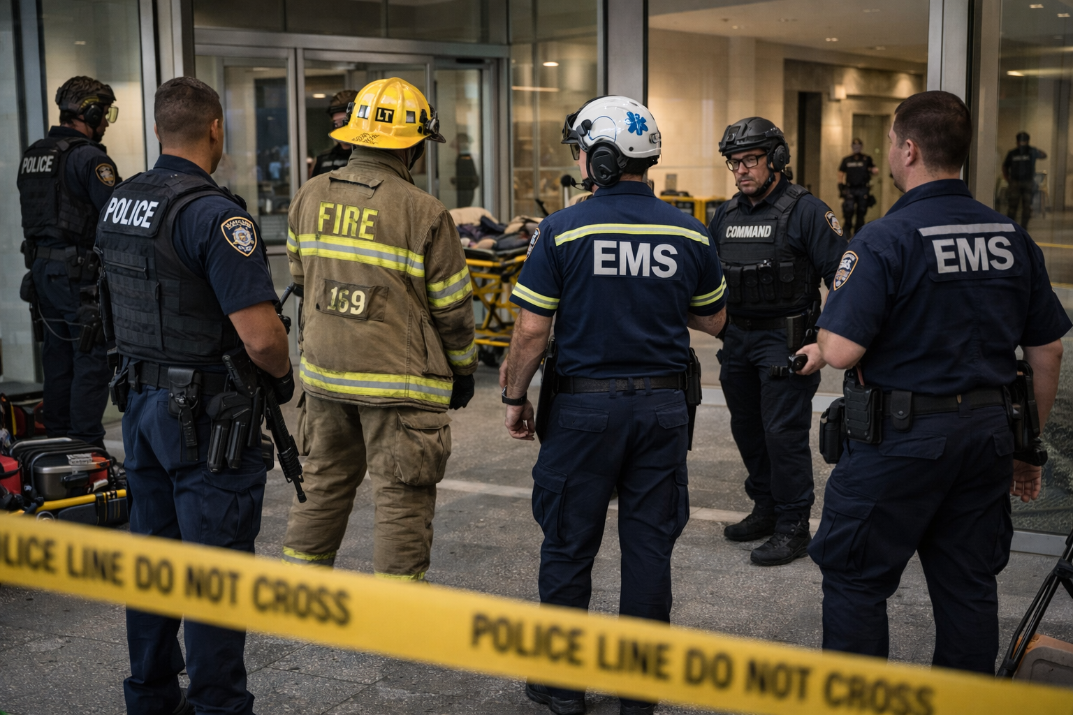 Law enforcement, fire, and EMS personnel reestablishing order at a secured incident scene during the recovery phase
