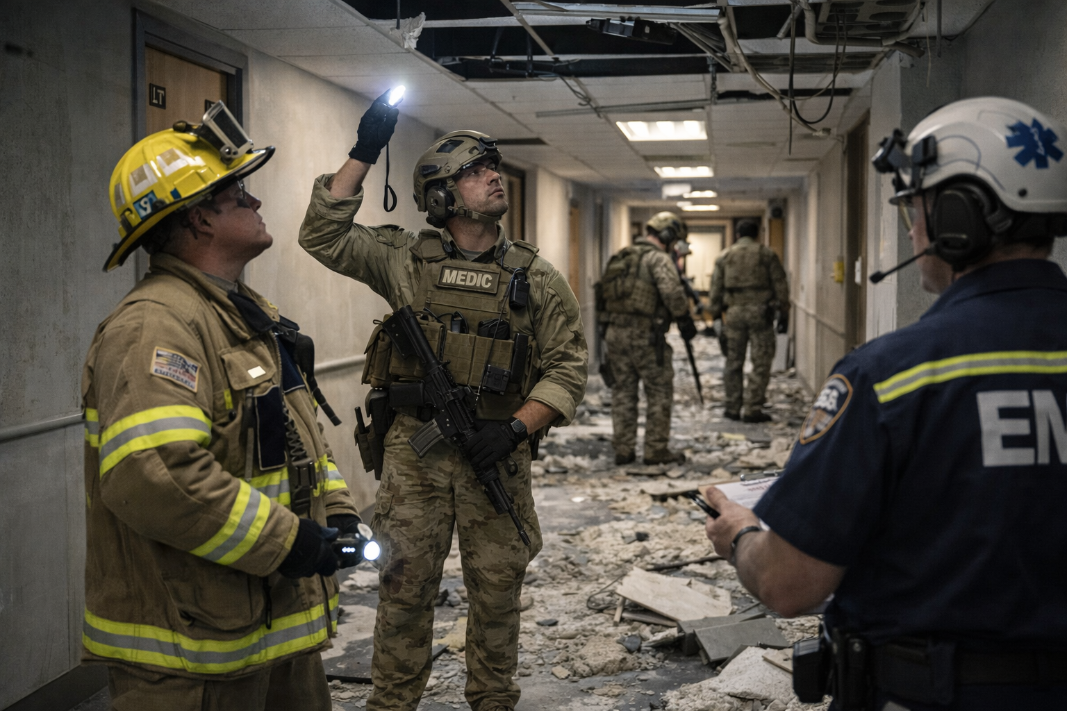 Emergency responders conducting clearing operations to identify hazards and secure a damaged incident area during recovery
