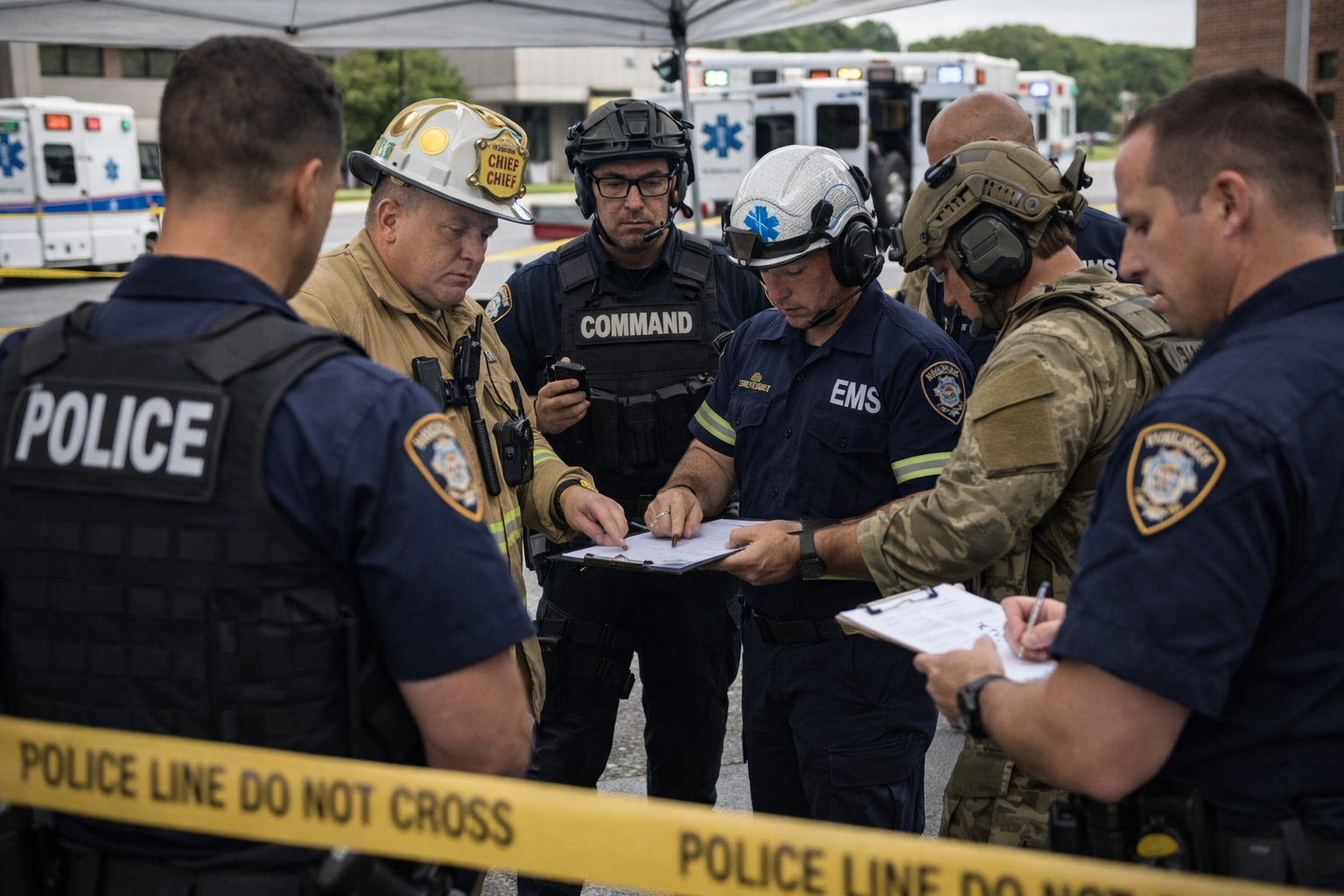 Interagency command personnel coordinating accountability and security perimeter operations during the recovery phase of a high-threat incident