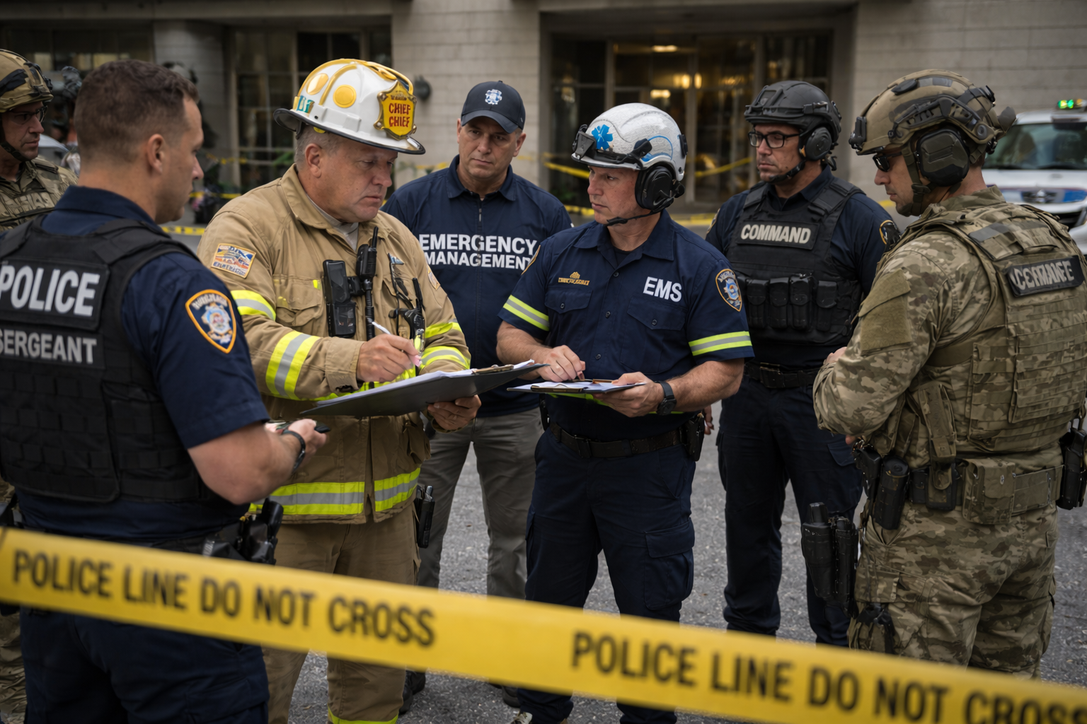 Law enforcement, fire, EMS, and emergency management personnel coordinating site access and safety planning during early recovery operations