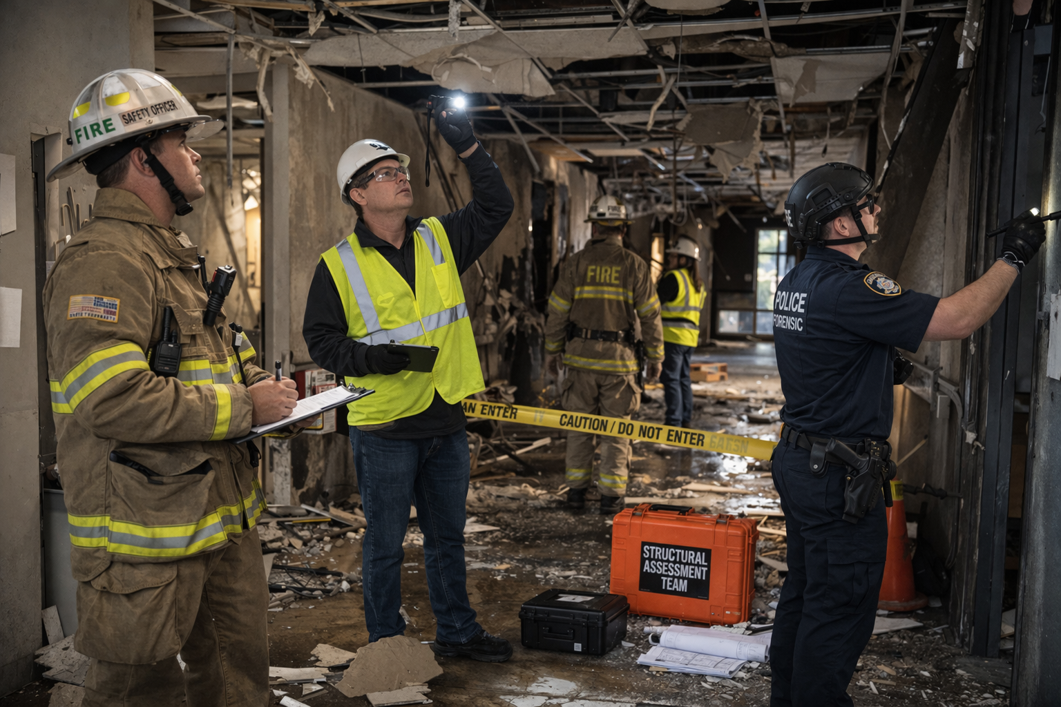 Emergency responders and safety personnel assessing structural damage and residual hazards inside a building during site preparedness operations