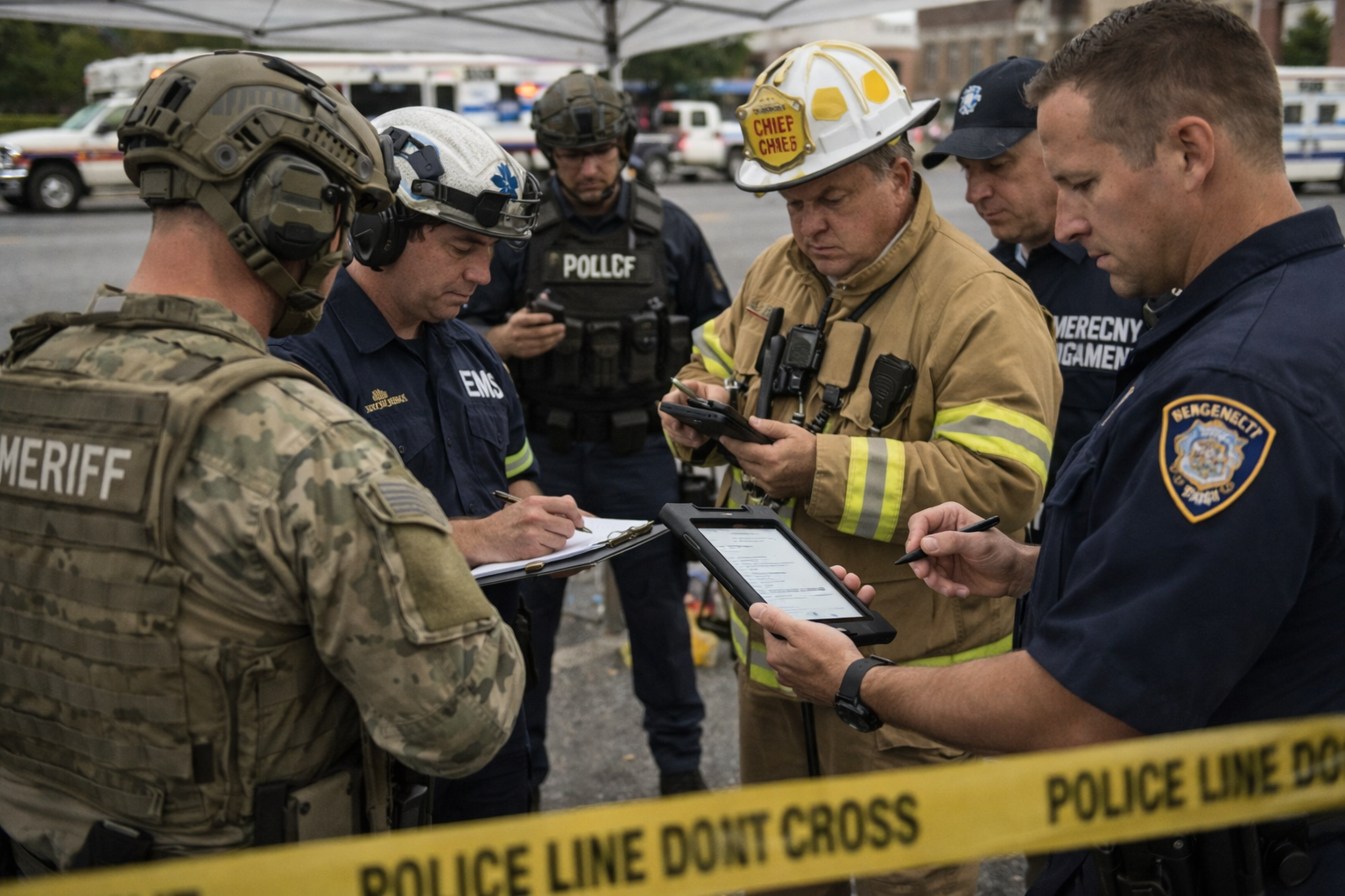 Interagency personnel coordinating accountability, access control, and recovery planning at a secured incident command area