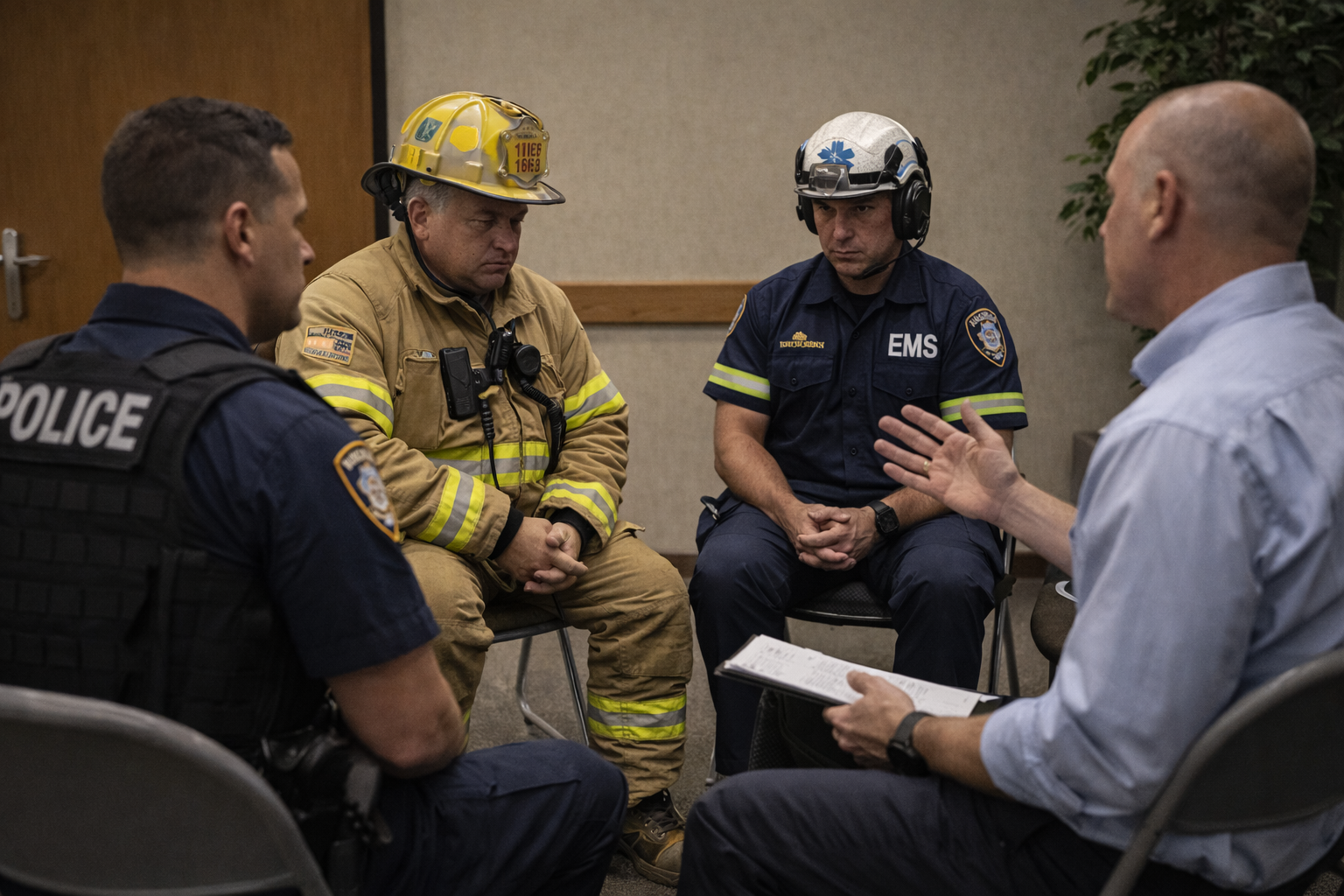 First responders participating in an early post-incident wellness check and structured debriefing during the recovery phase