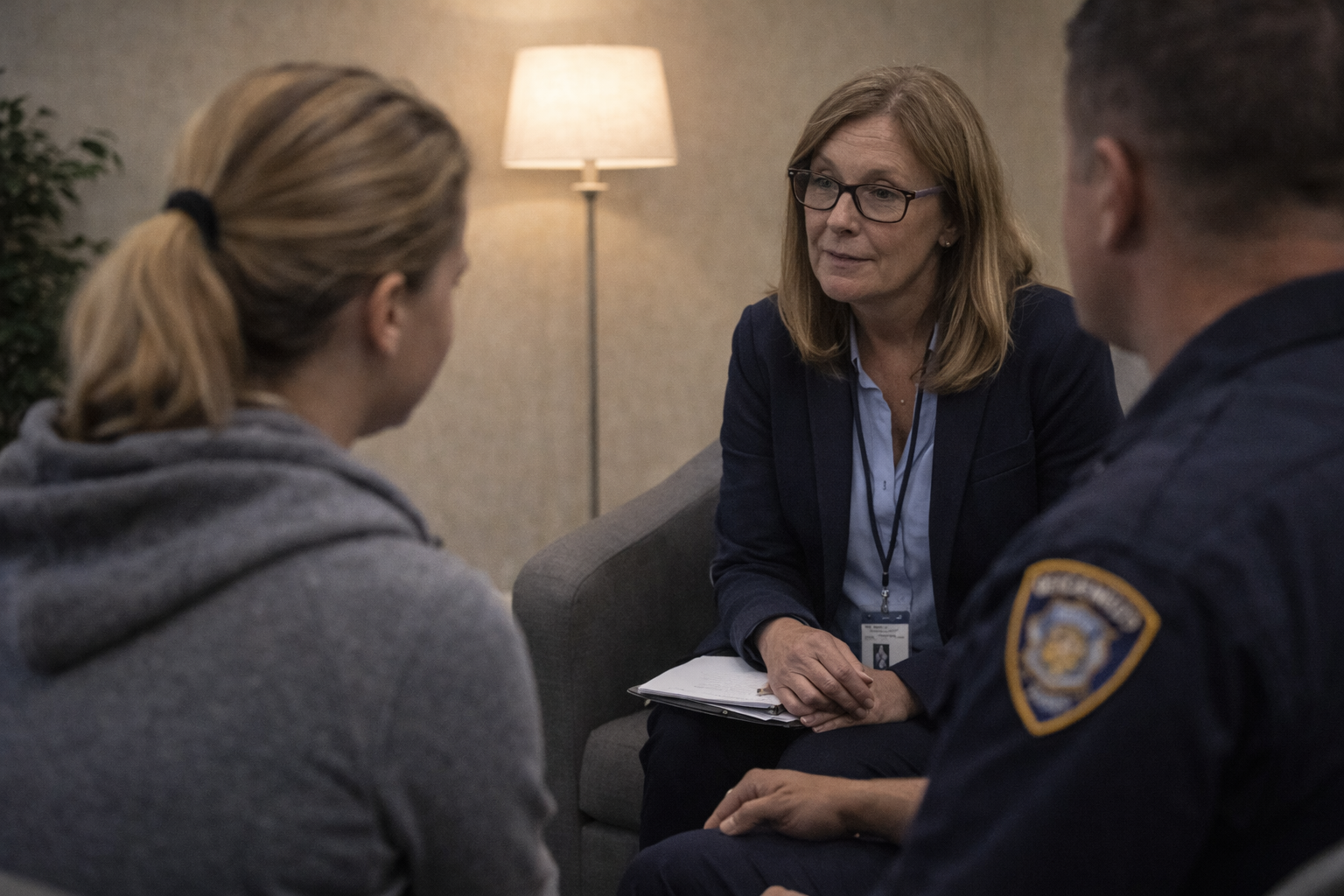 Behavioral health professional providing supportive post-incident care to survivors and responders during early recovery