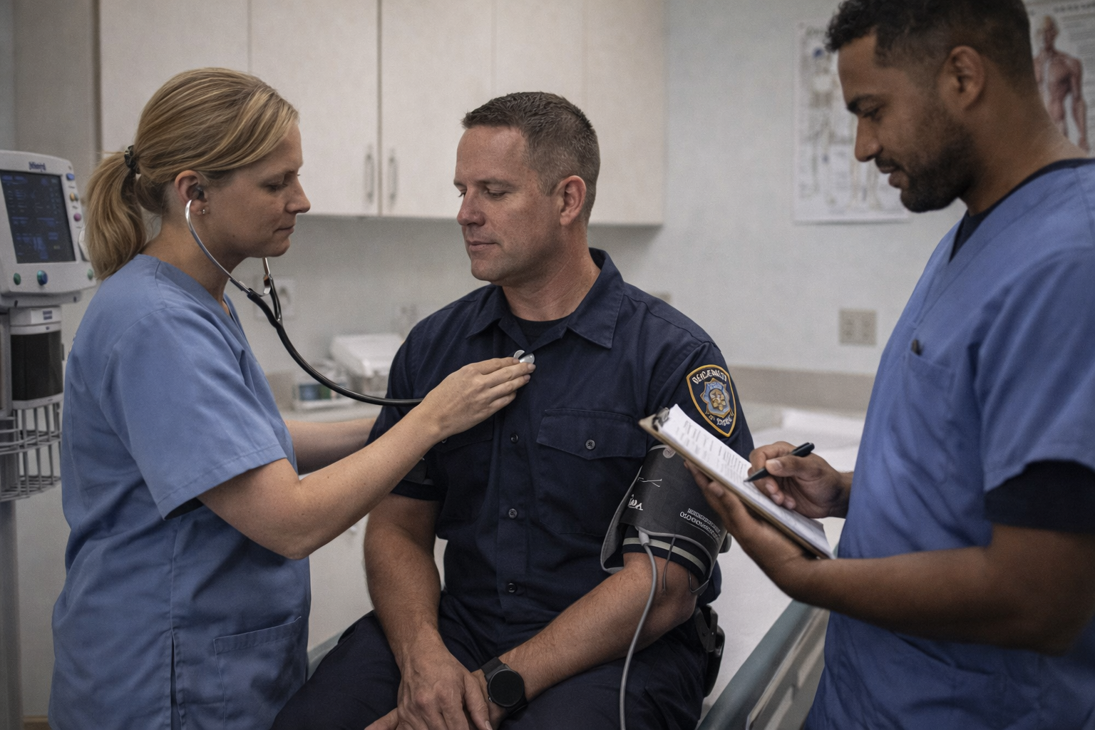 Healthcare staff conducting a post-incident physical follow-up assessment for a responder during the recovery phase