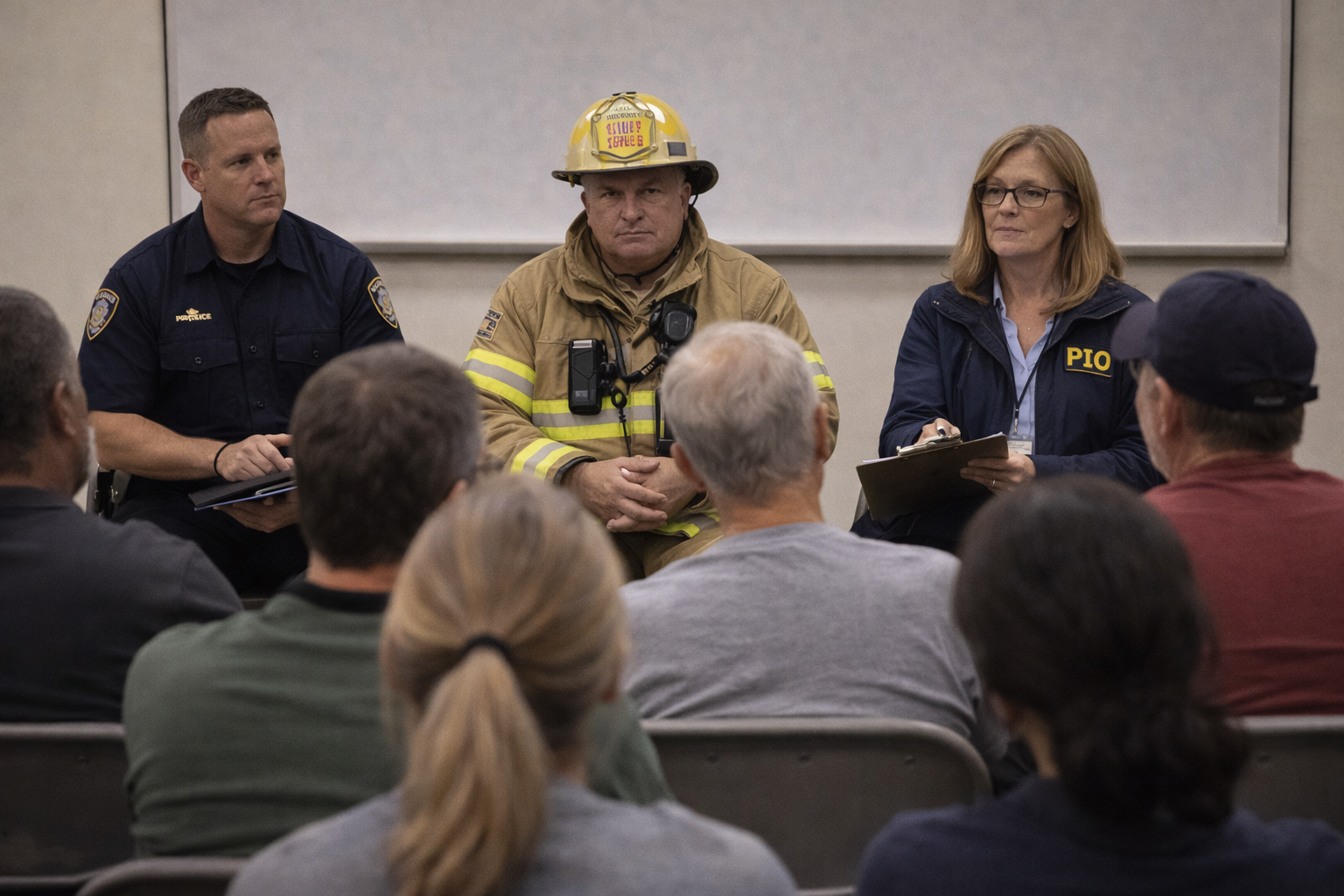 Public Information Officer providing a transparent post-incident update with emergency response leaders during community recovery