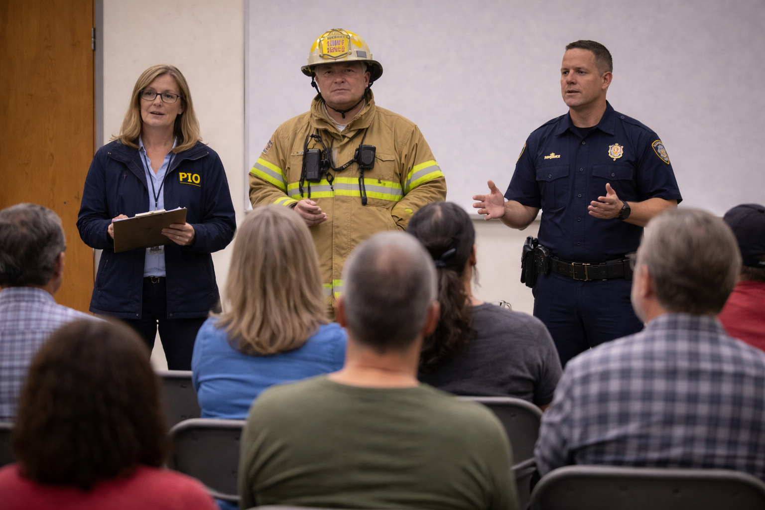 Emergency response officials meeting with community members during a recovery outreach session focused on trust and healing