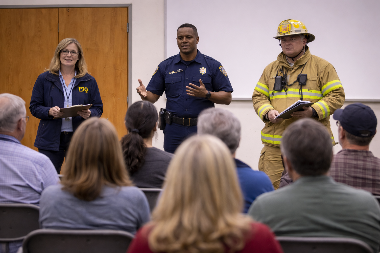 Emergency officials sharing preparedness guidance and lessons learned with community members during post-incident recovery education