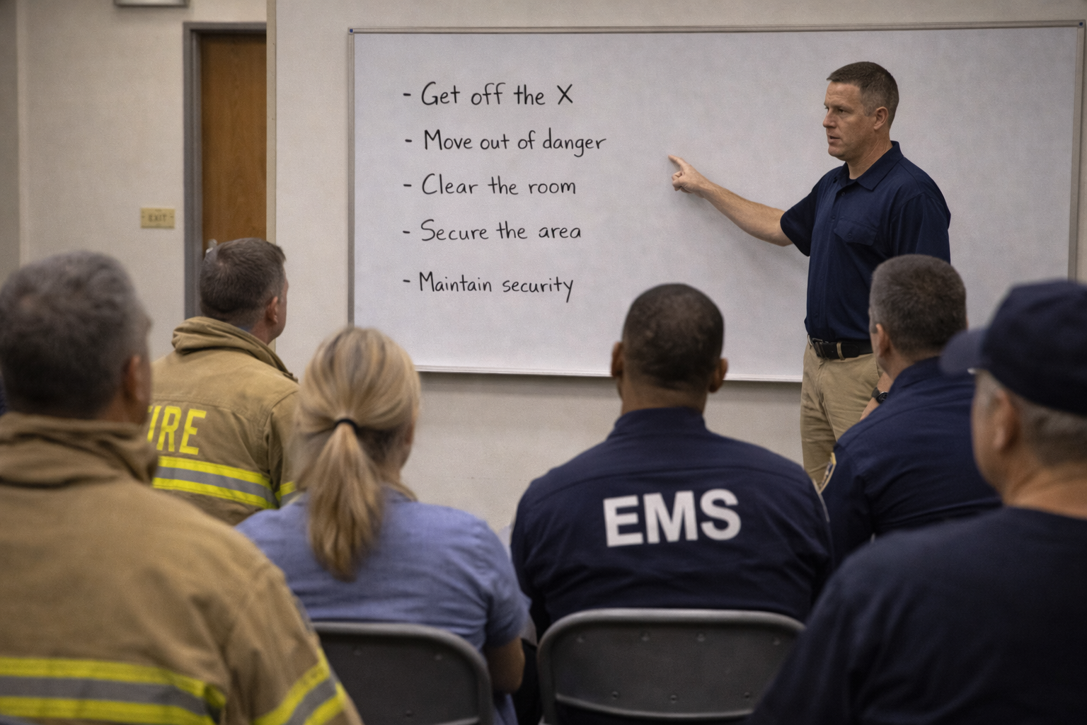 Civilian emergency responders in a training session learning the meaning and operational use of tactical terminology