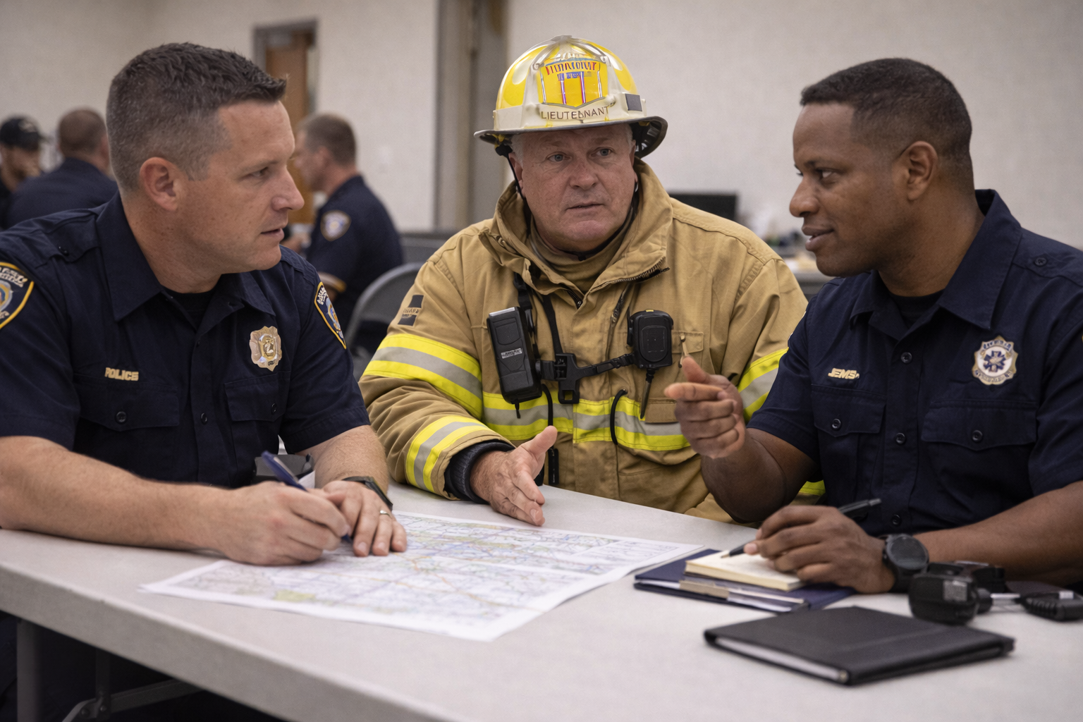 Law enforcement, fire, and EMS personnel clarifying roles and tactical language during an interagency planning discussion