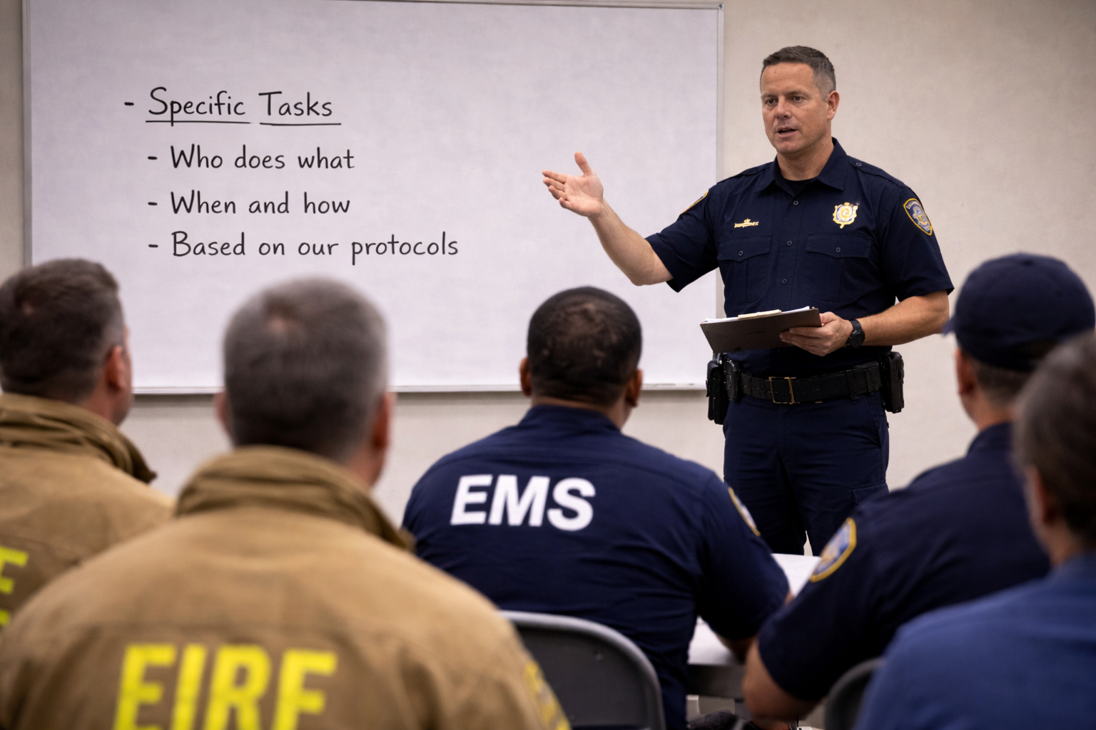Emergency response leader teaching precise task-based communication during a tactical doctrine training session