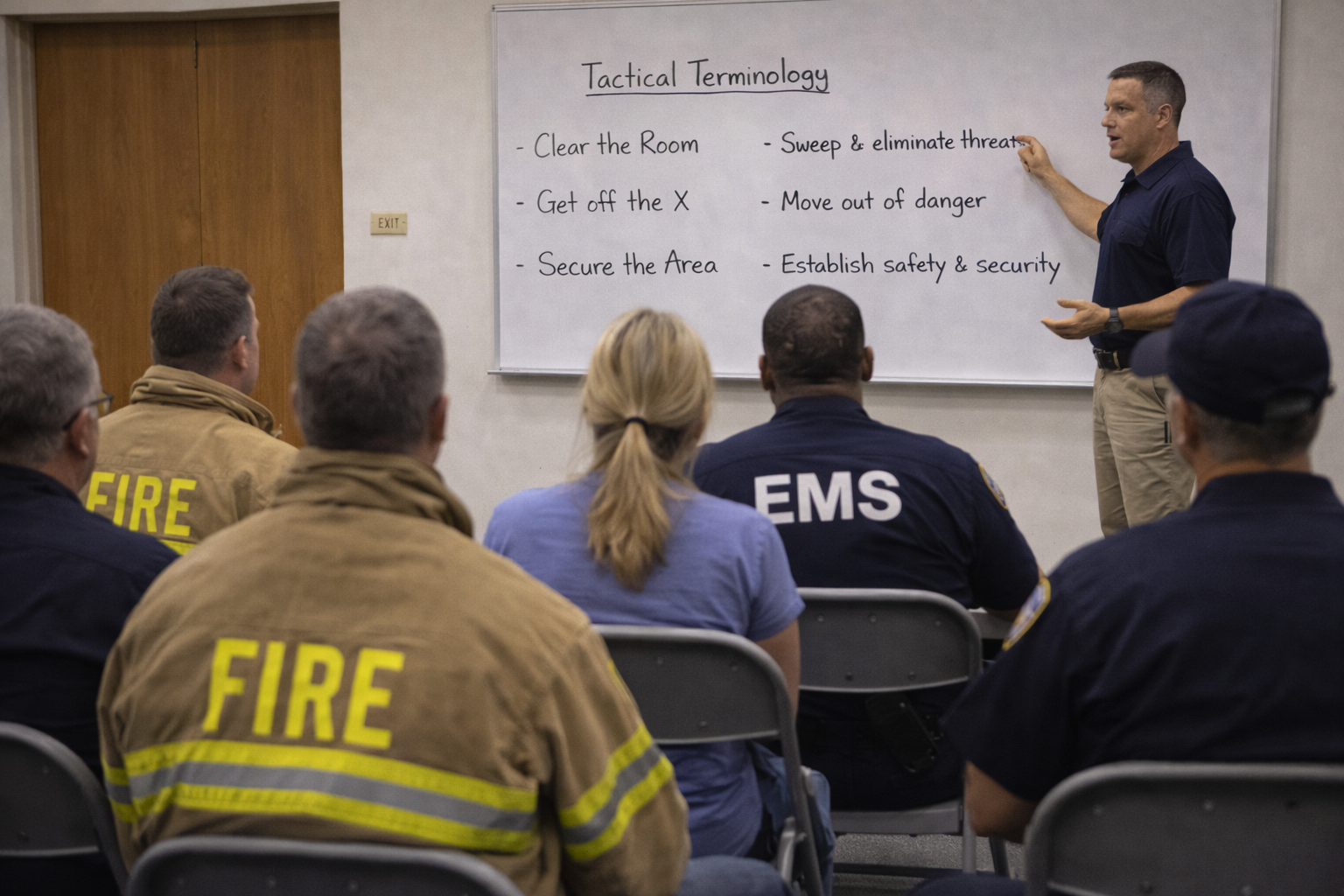 Civilian EMS, fire, and law enforcement personnel in a training session learning shared tactical terminology and operational definitions