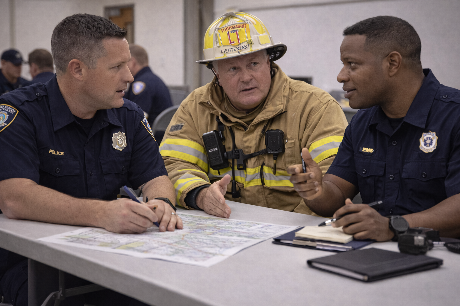 Police, fire, and EMS personnel discussing response roles and operational language during an interagency planning session