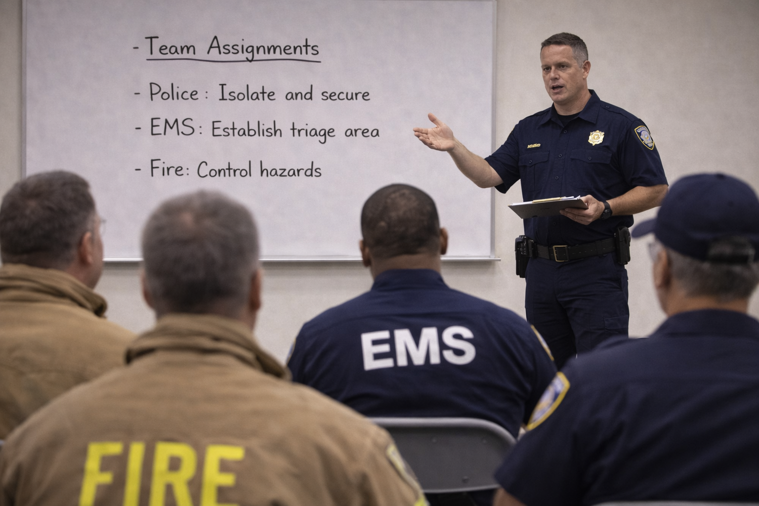 Emergency response leader teaching precise interagency communication and task-based language during a civilian public safety training session