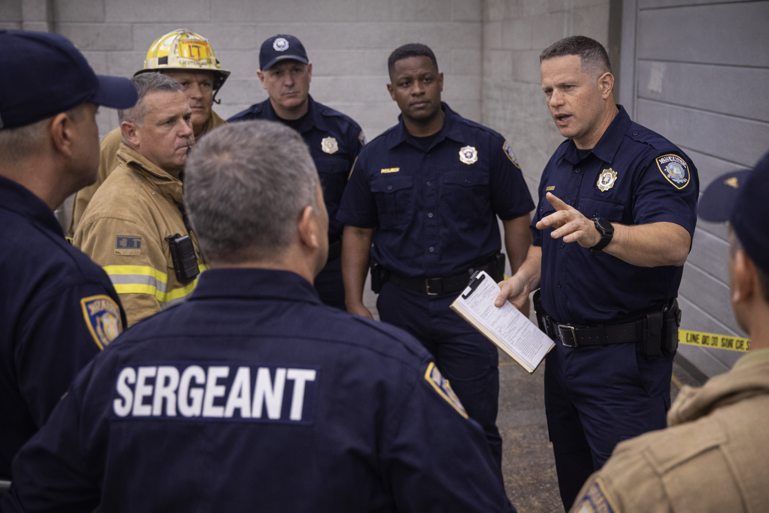 Law enforcement, fire, and EMS personnel receiving urgent operational instructions during a high-threat incident staging briefing