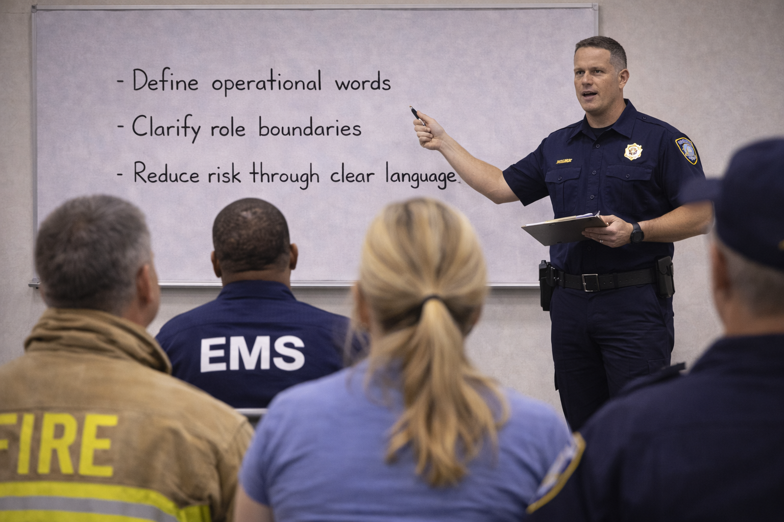 Emergency response instructor teaching police, fire, and EMS personnel precise operational language to reduce risk during high-threat incidents