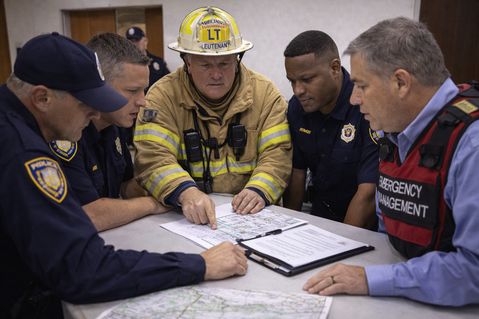 Law enforcement, EMS, fire, and emergency management leaders coordinating under Unified Command during a high-threat incident briefing