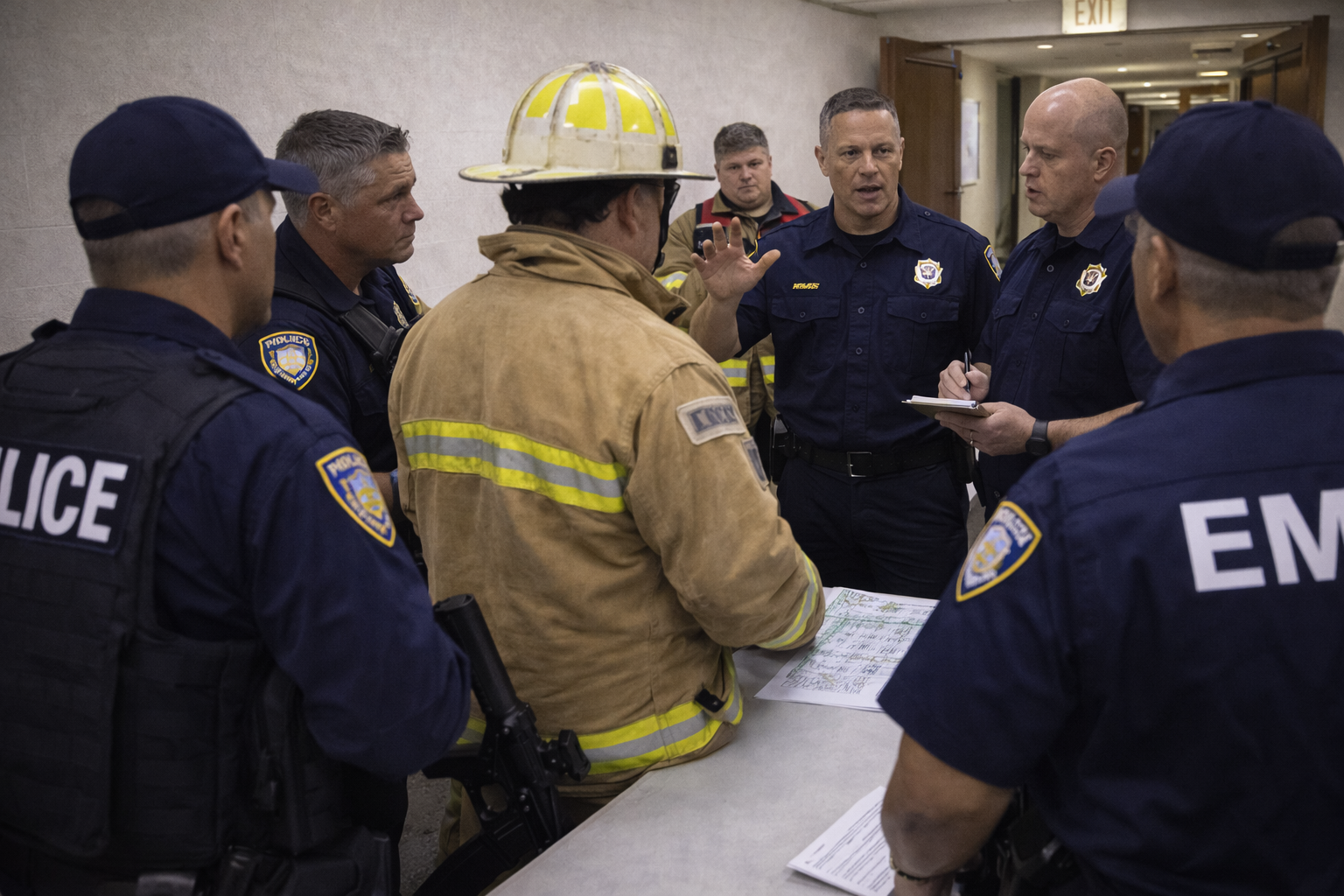 Police, fire, and EMS personnel coordinating at a staging point during a high-threat incident with shared situational awareness at stake