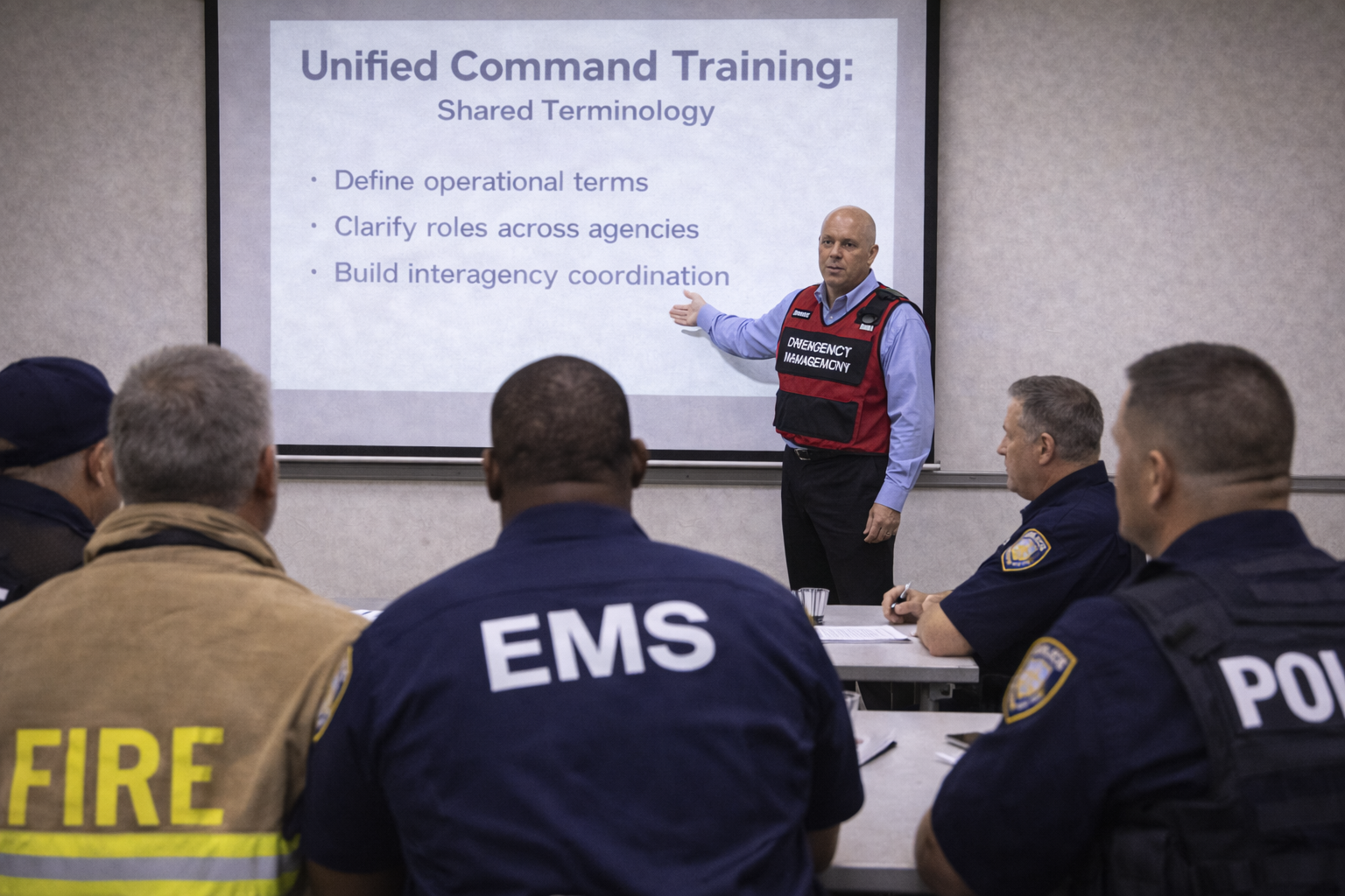 Multi-agency leaders participating in Unified Command training focused on shared operational language and interagency coordination
