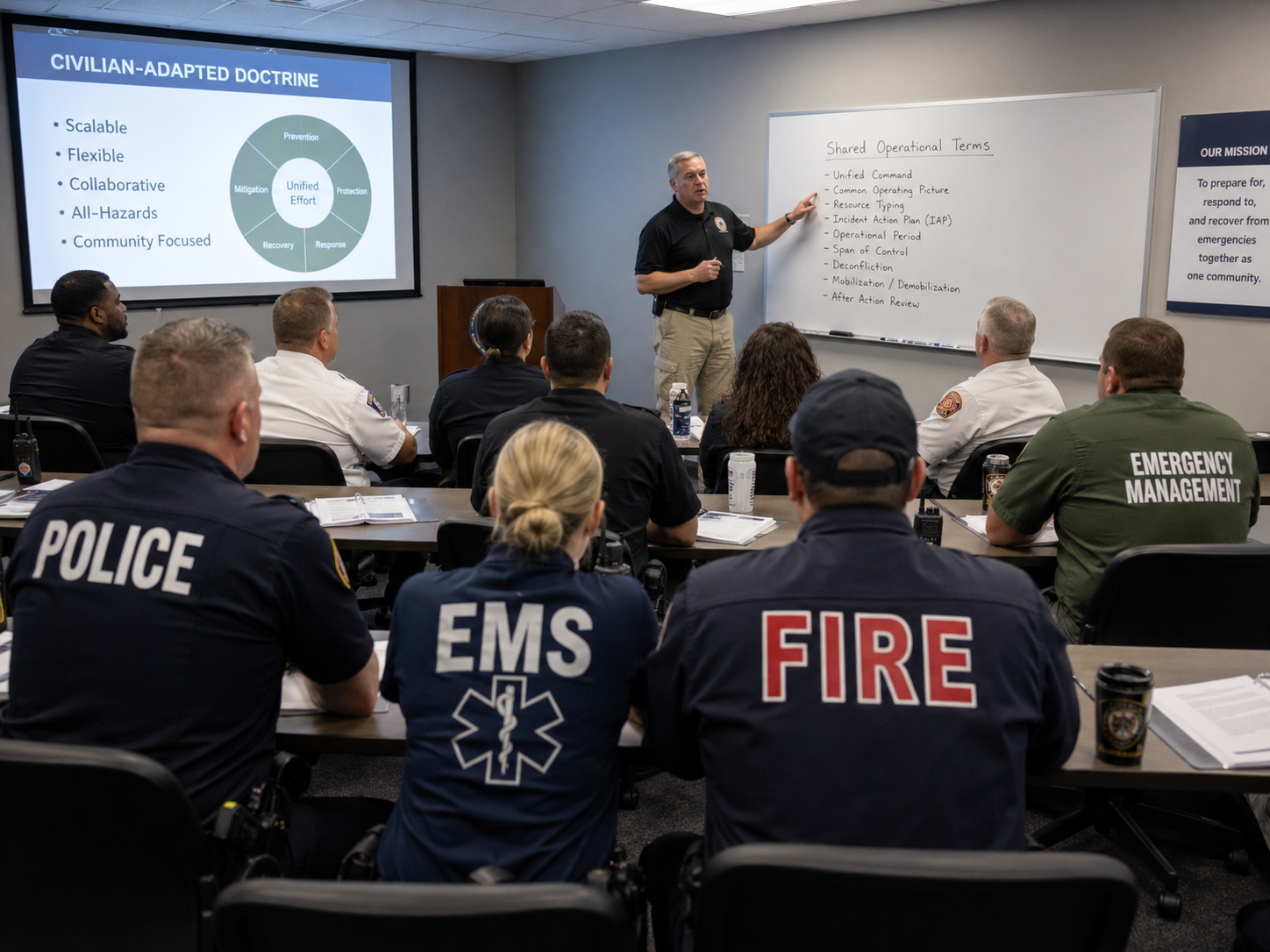 Law enforcement, fire, EMS, and emergency management personnel participating in cross-disciplinary terminology training for civilian public safety operations