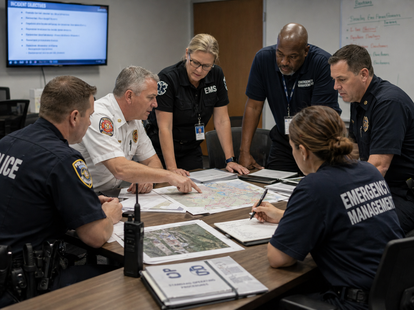 Police, fire, and EMS leaders aligning shared terminology and operational expectations during a multi-agency planning exercise