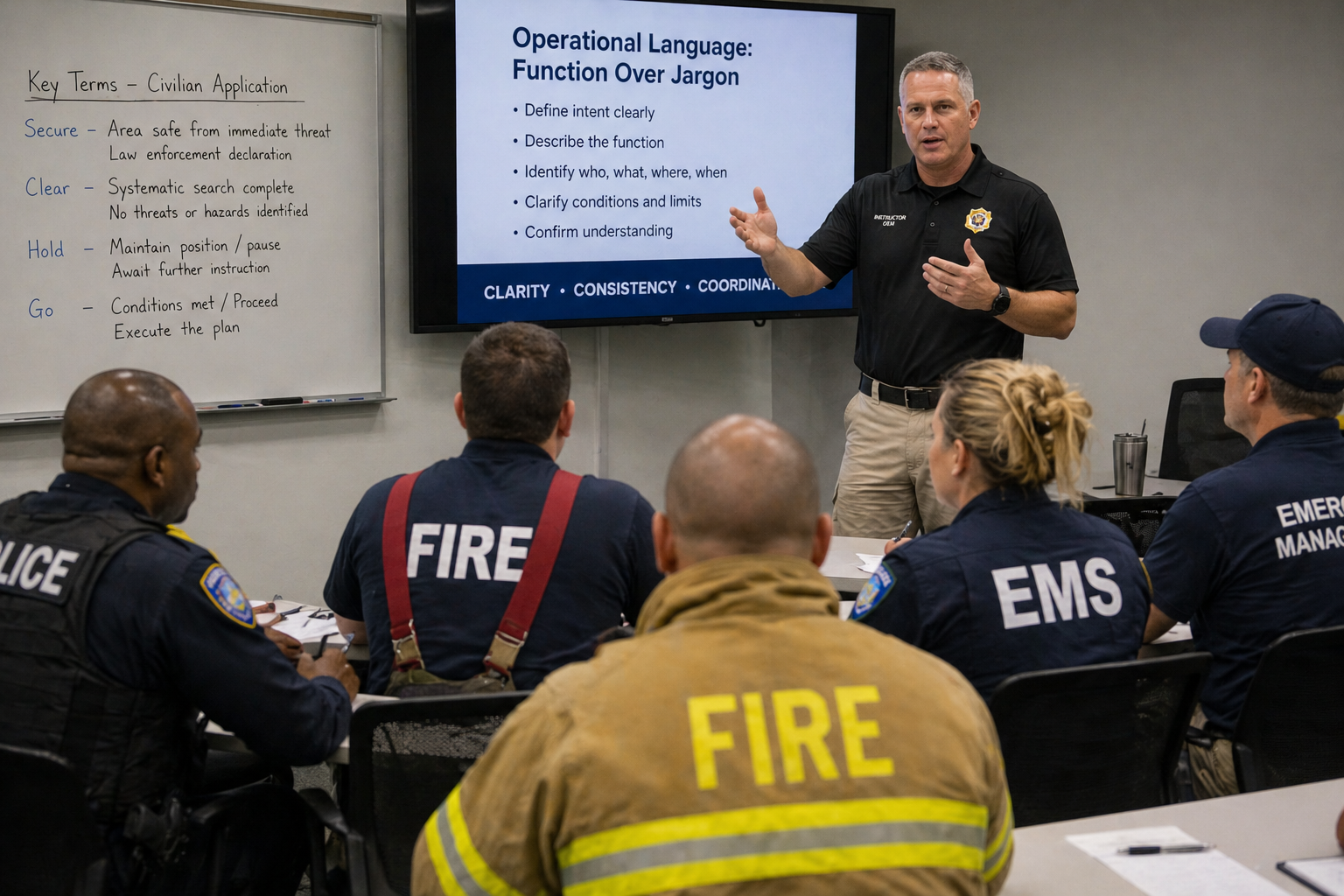 Emergency response leader teaching task-based operational language and doctrinal alignment to a multi-agency public safety team