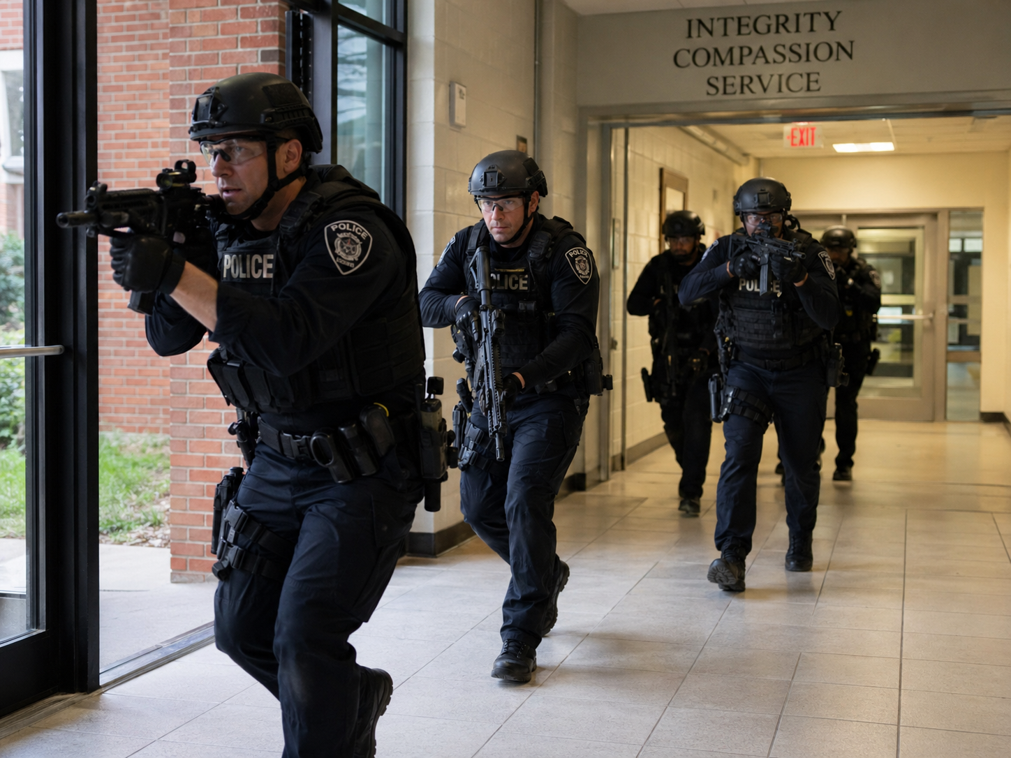 Law enforcement officers moving quickly to neutralize an immediate threat during the opening phase of an active shooter response