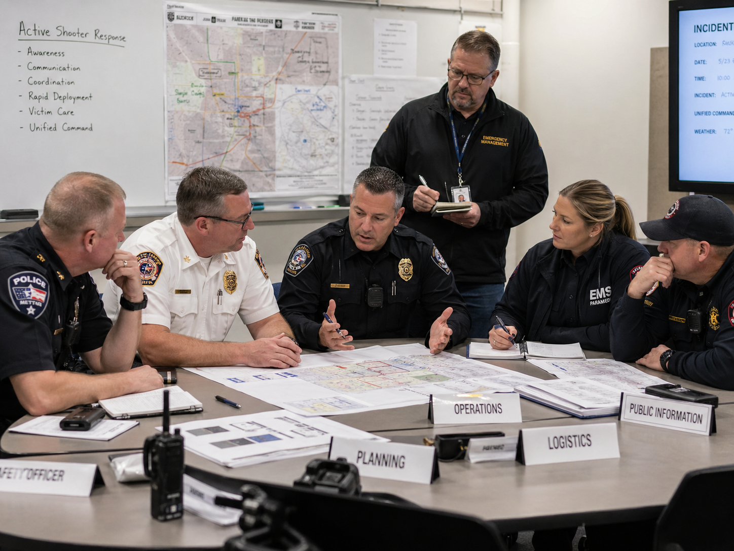 Law enforcement, EMS, fire, and emergency management personnel reviewing civilian-adapted active shooter response tactics during a multi-agency planning session