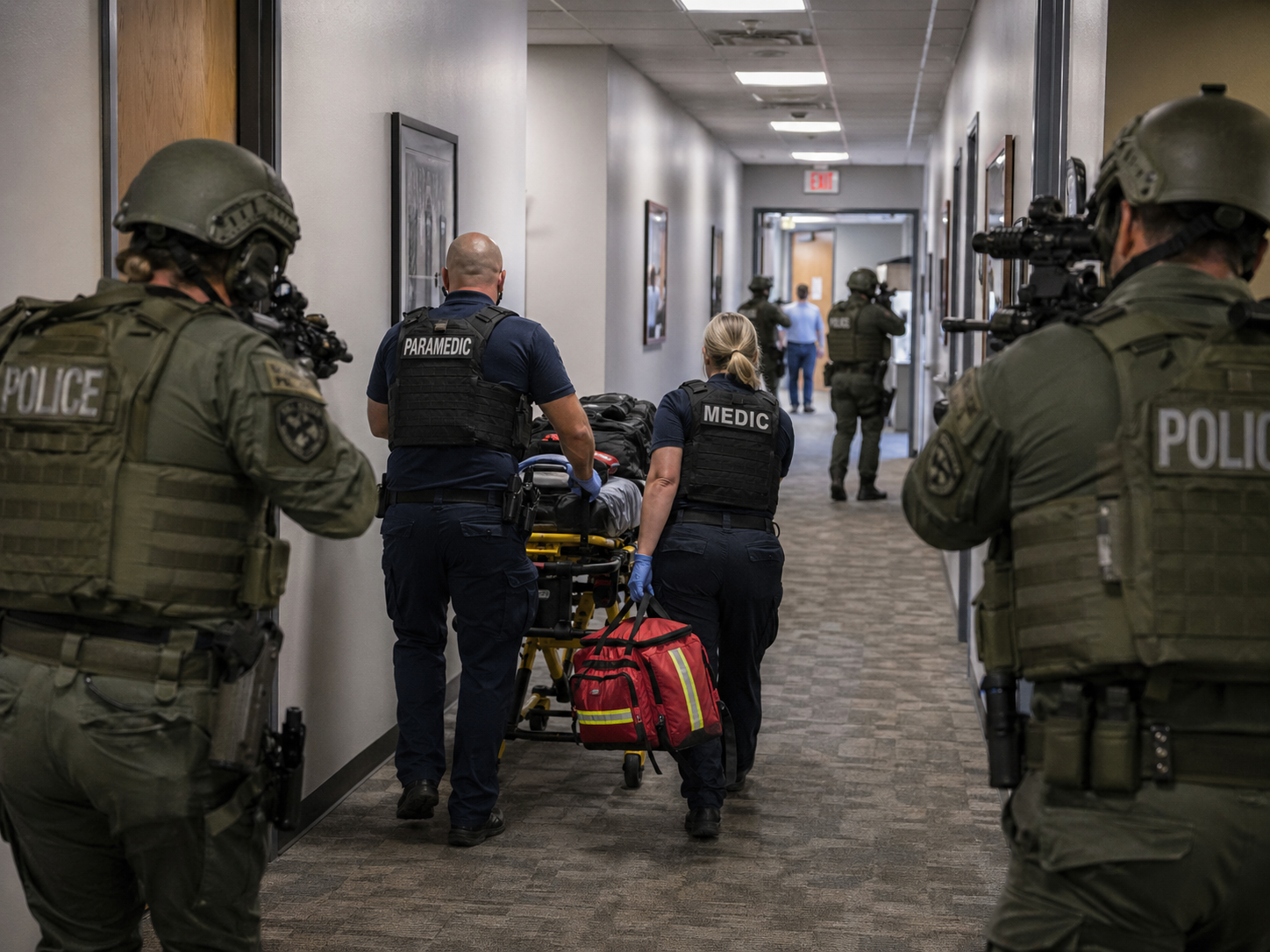 Law enforcement and medical responders coordinating the transition from threat disruption to casualty protection during an active shooter incident