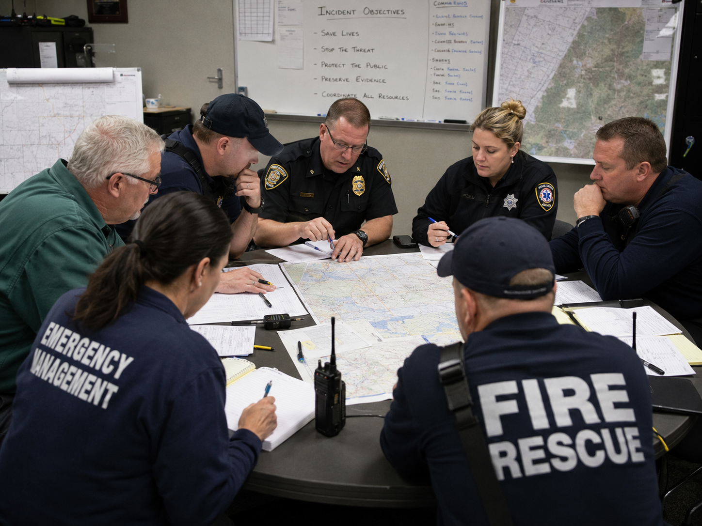 Law enforcement, EMS, fire, and emergency management personnel evaluating tactical plans for a civilian high-threat response