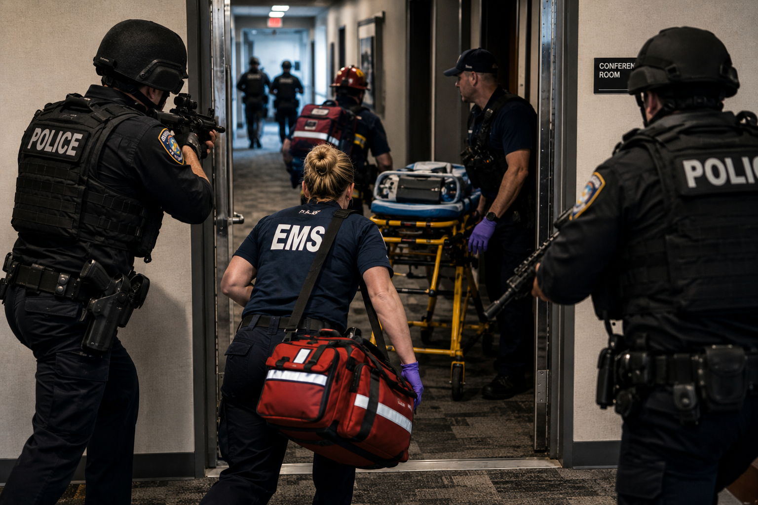 Law enforcement and medical responders coordinating protected access for casualty care in a civilian high-threat environment