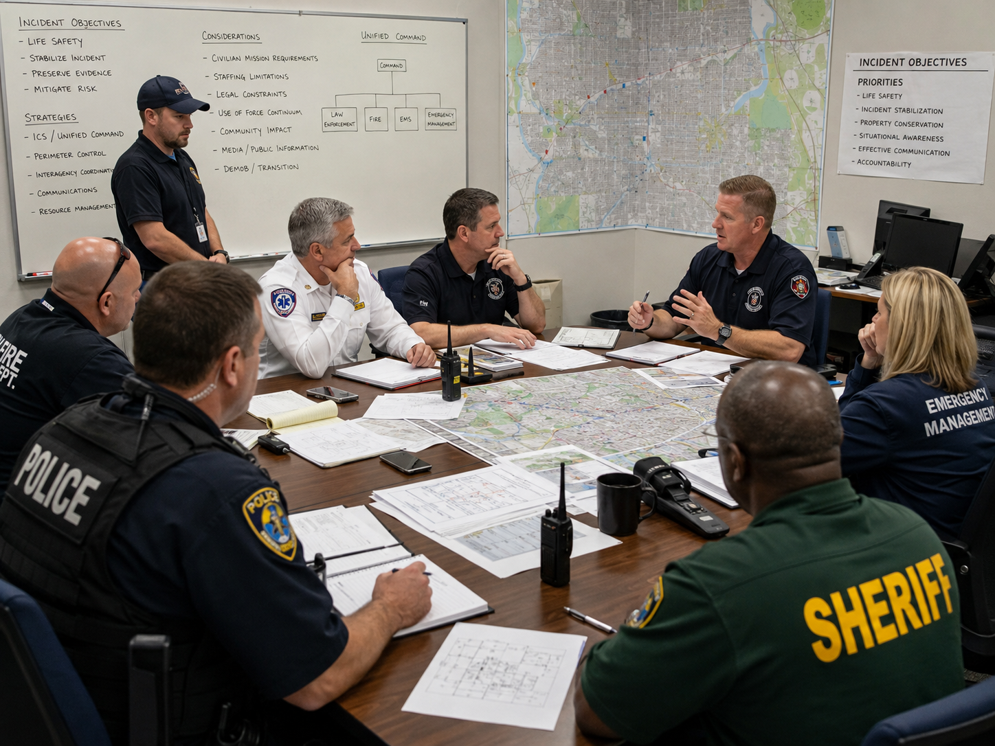 Multi-agency leaders assessing civilian-adapted tactical methods during a high-threat response planning and training session