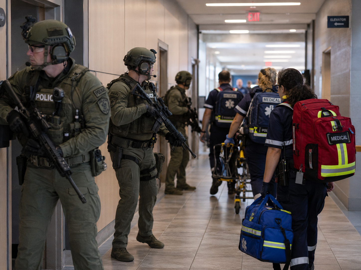 Law enforcement securing interior space while medical responders prepare to enter during a high-threat incident Law enforcement securing interior space while medical responders prepare to enter during a high-threat incident