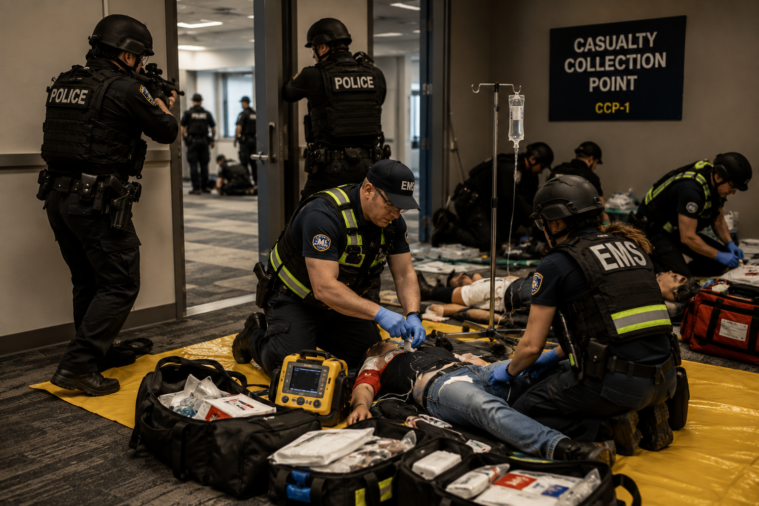 Responders establishing an early casualty collection point and beginning life-saving care inside a protected area during a high-threat response Responders establishing an early casualty collection point and beginning life-saving care inside a protected area during a high-threat response