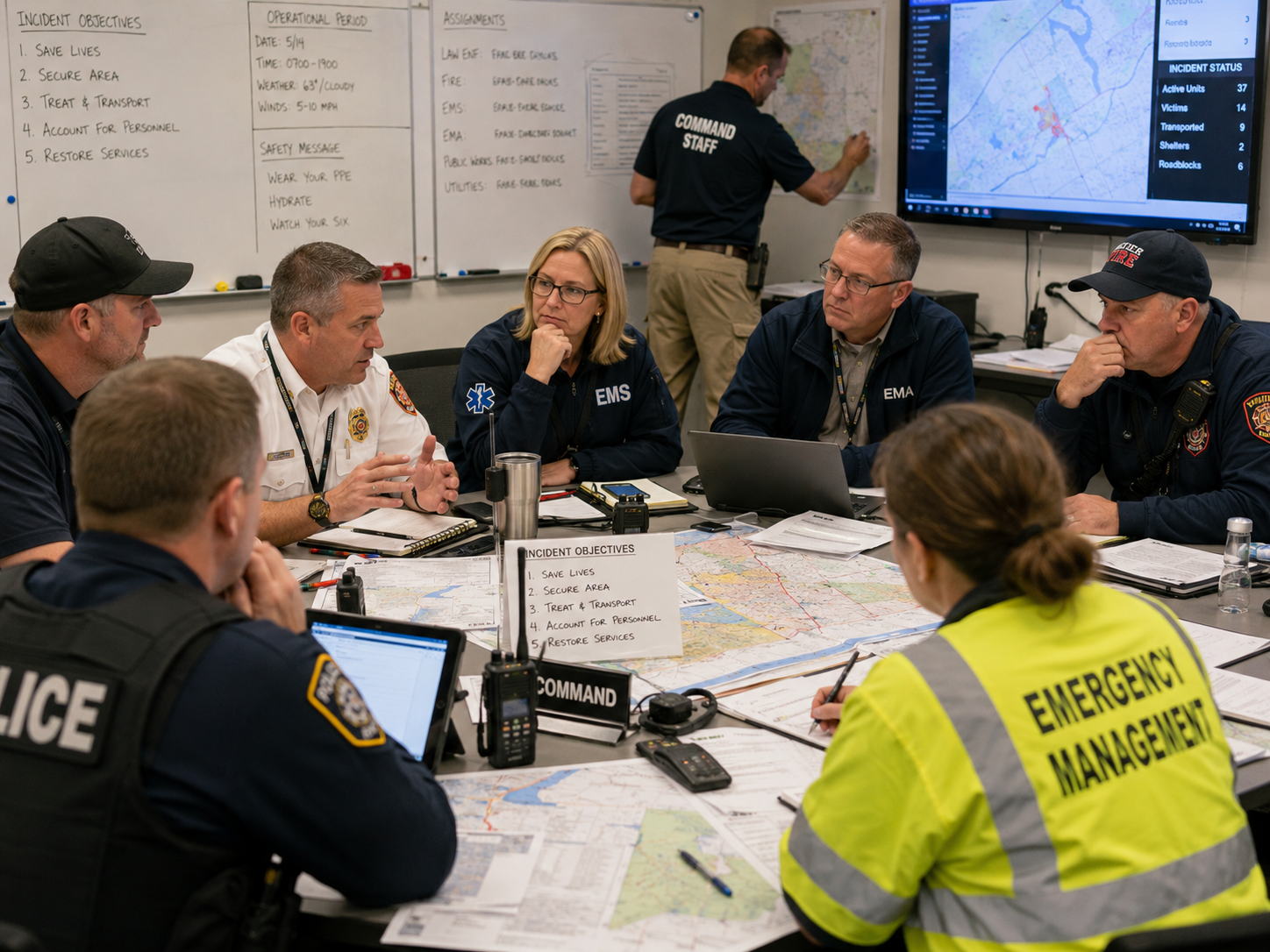Law enforcement, EMS, fire, and emergency management leaders coordinating parallel operations during a high-threat incident Law enforcement, EMS, fire, and emergency management leaders coordinating parallel operations during a high-threat incident