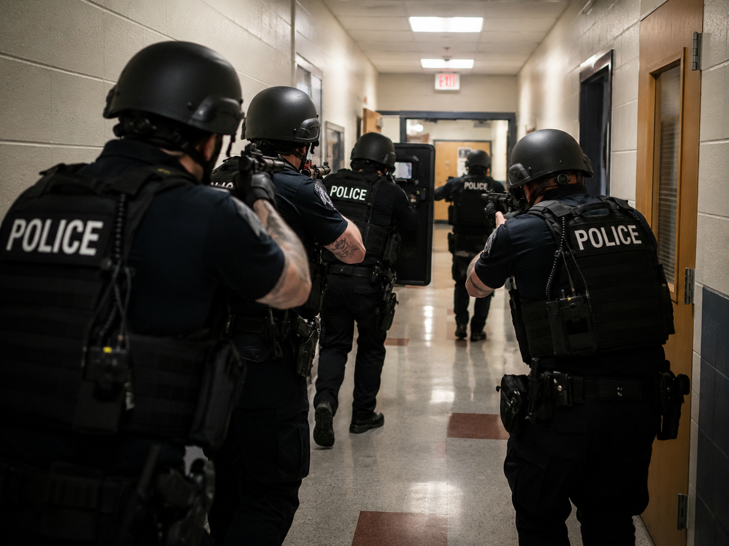 Law enforcement officers moving quickly to stop an immediate threat during the opening phase of a civilian active shooter response