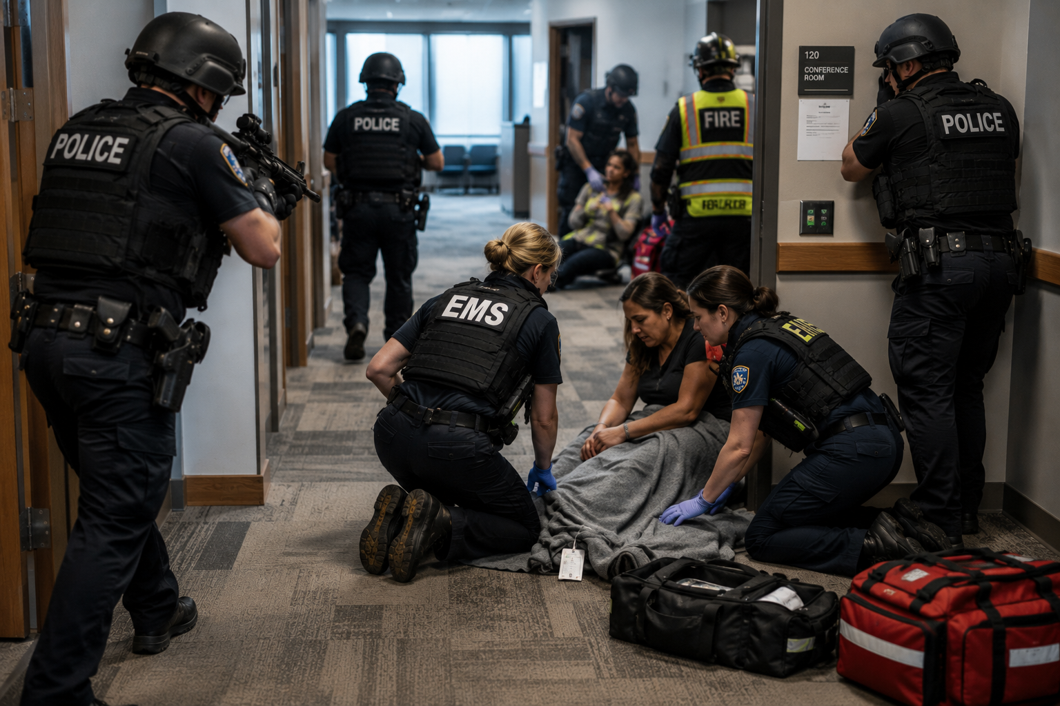 Law enforcement and rescue personnel transitioning from threat control to casualty identification and victim protection in a civilian high-threat incident