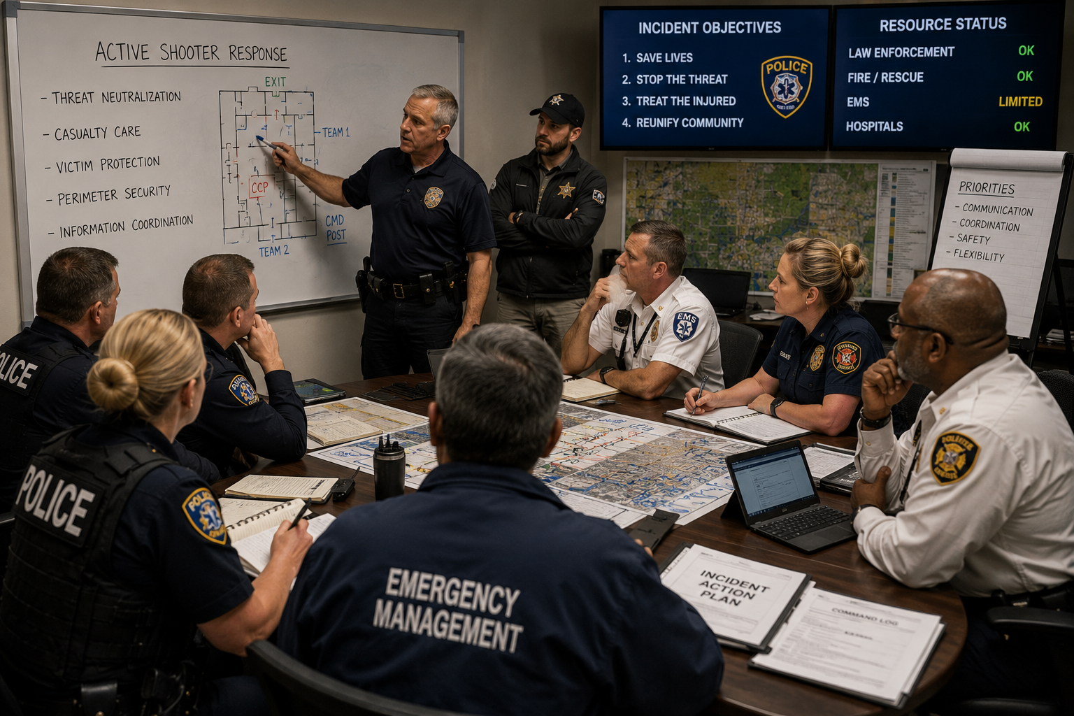 Law enforcement, EMS, fire, and emergency management personnel reviewing civilian-adapted active shooter response tactics during a planning session