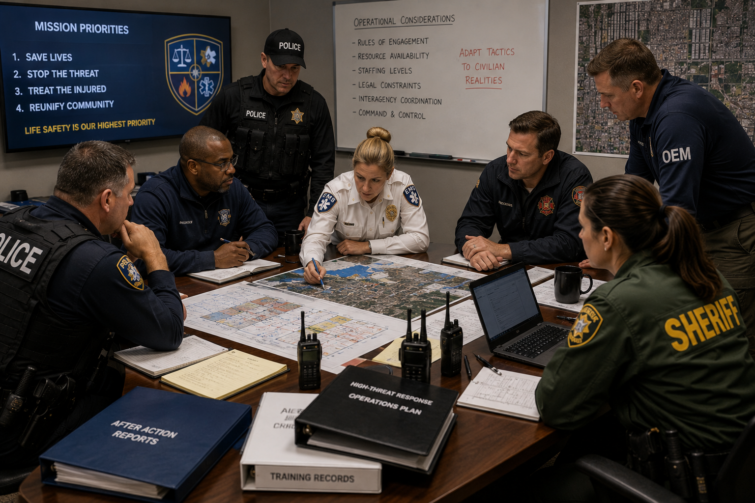 Law enforcement, EMS, fire, and emergency management personnel evaluating tactics for a civilian high-threat response Law enforcement, EMS, fire, and emergency management personnel evaluating tactics for a civilian high-threat response