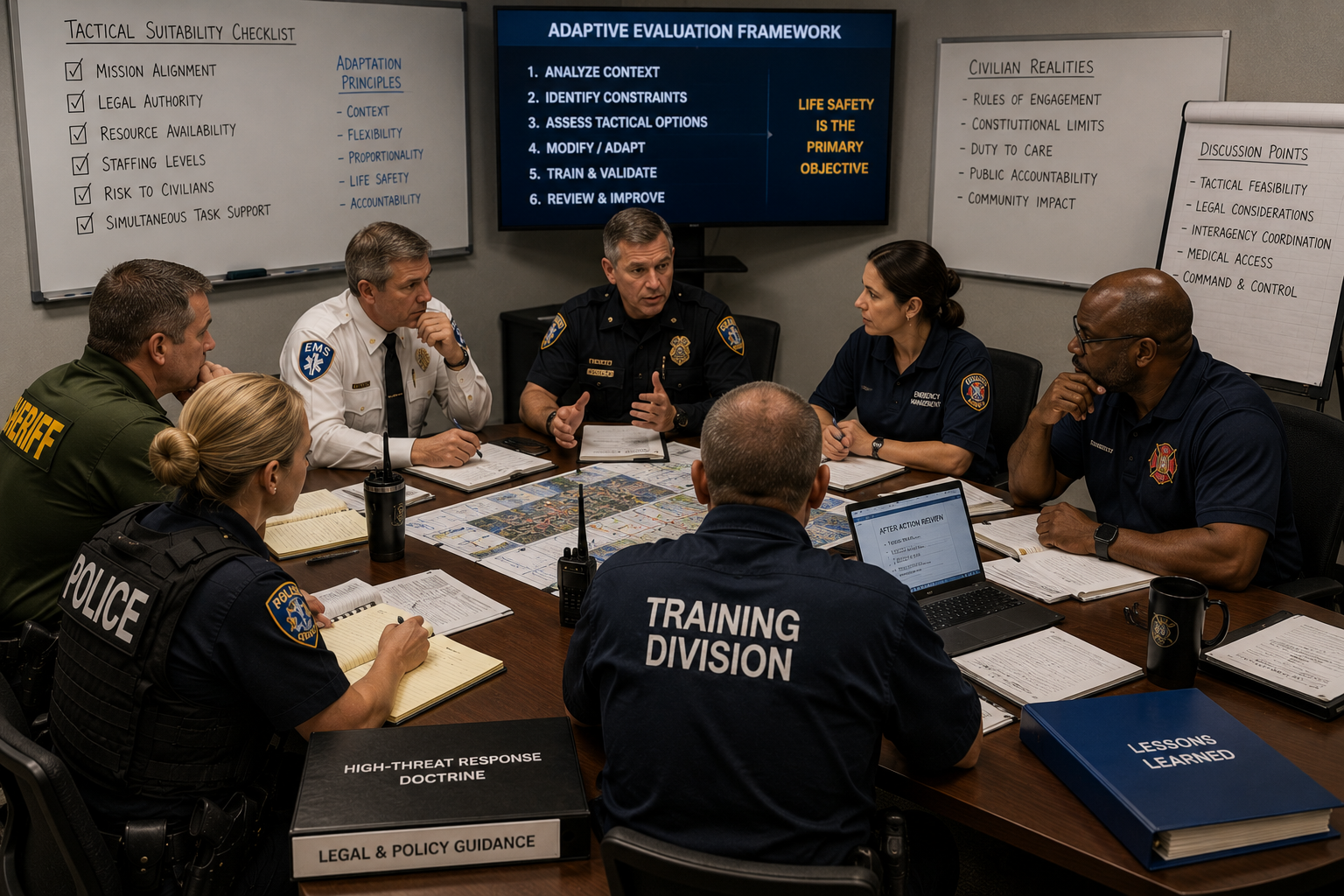 Multi-agency leaders reviewing civilian-adapted tactics, legal constraints, and doctrine during a high-threat response planning session Multi-agency leaders reviewing civilian-adapted tactics, legal constraints, and doctrine during a high-threat response planning session