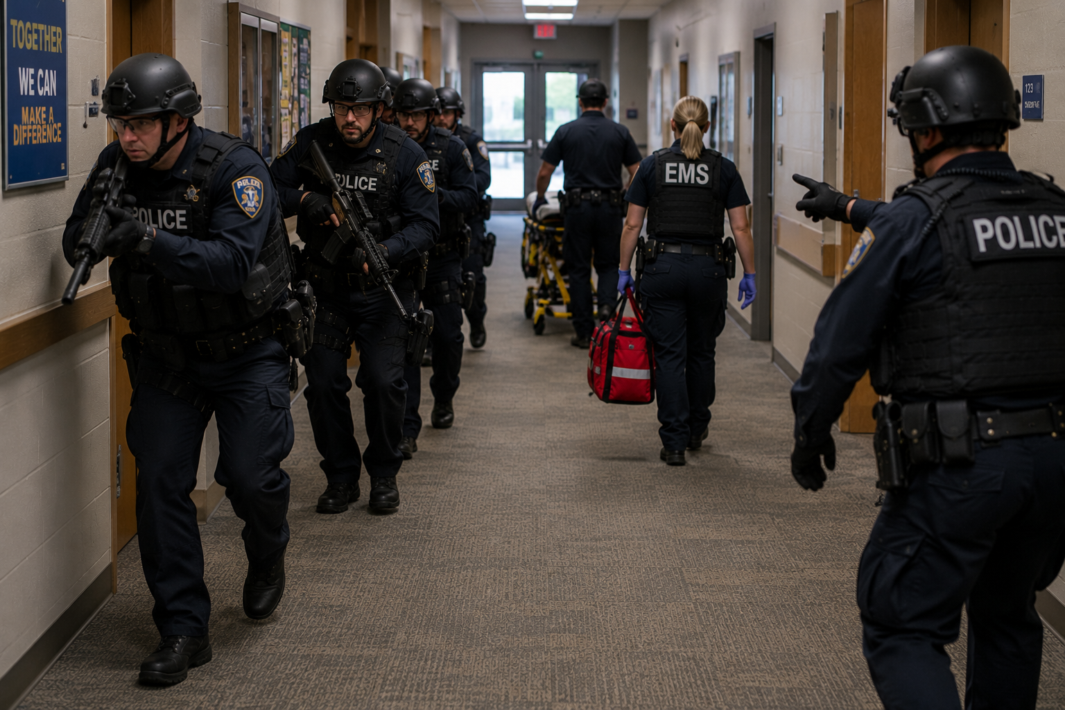 Law enforcement officers advancing through a building while securing space for follow-on medical operations during a high-threat incident Law enforcement officers advancing through a building while securing space for follow-on medical operations during a high-threat incident
