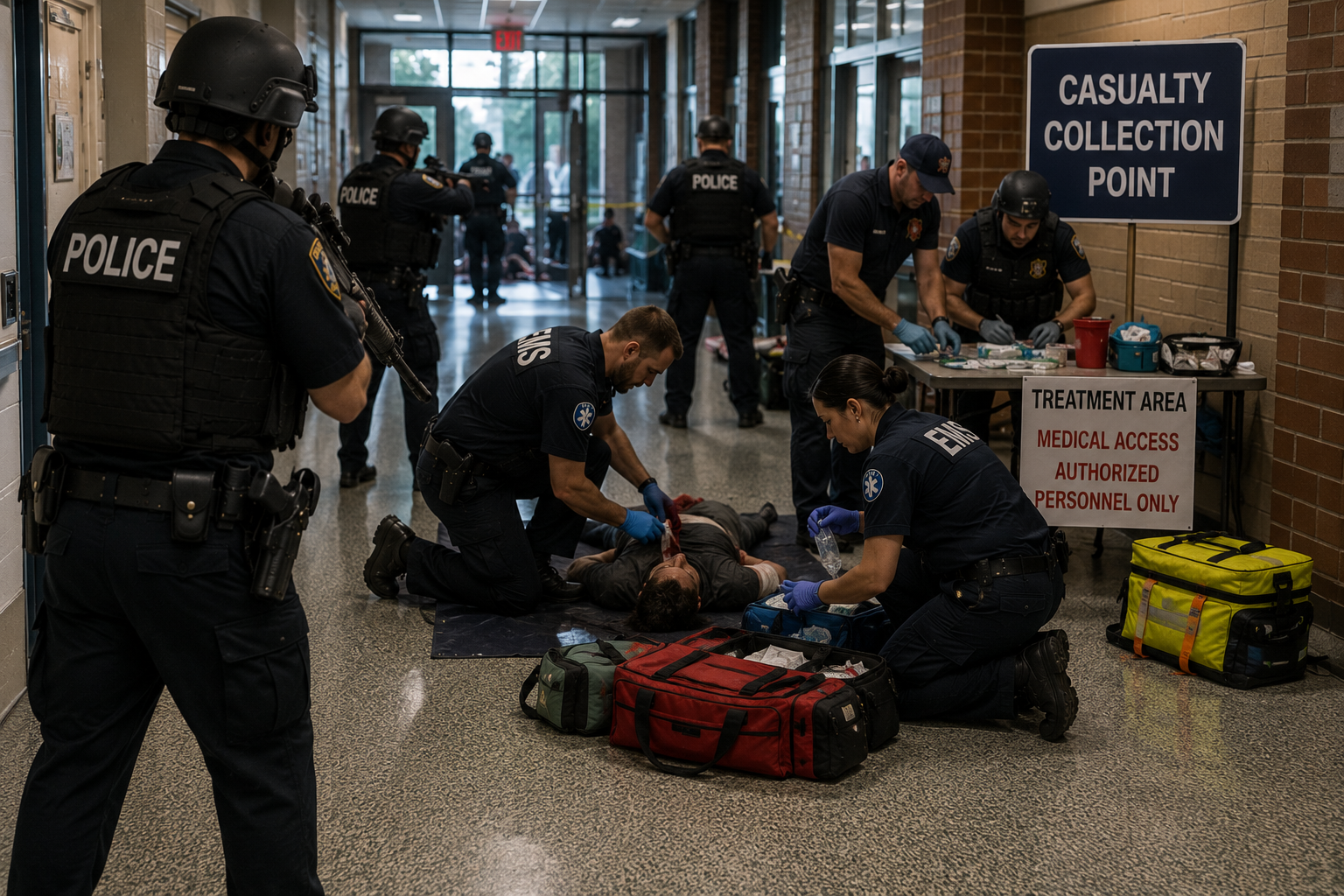 Responders beginning casualty care at an early casualty collection point while security is maintained during a high-threat response Responders beginning casualty care at an early casualty collection point while security is maintained during a high-threat response