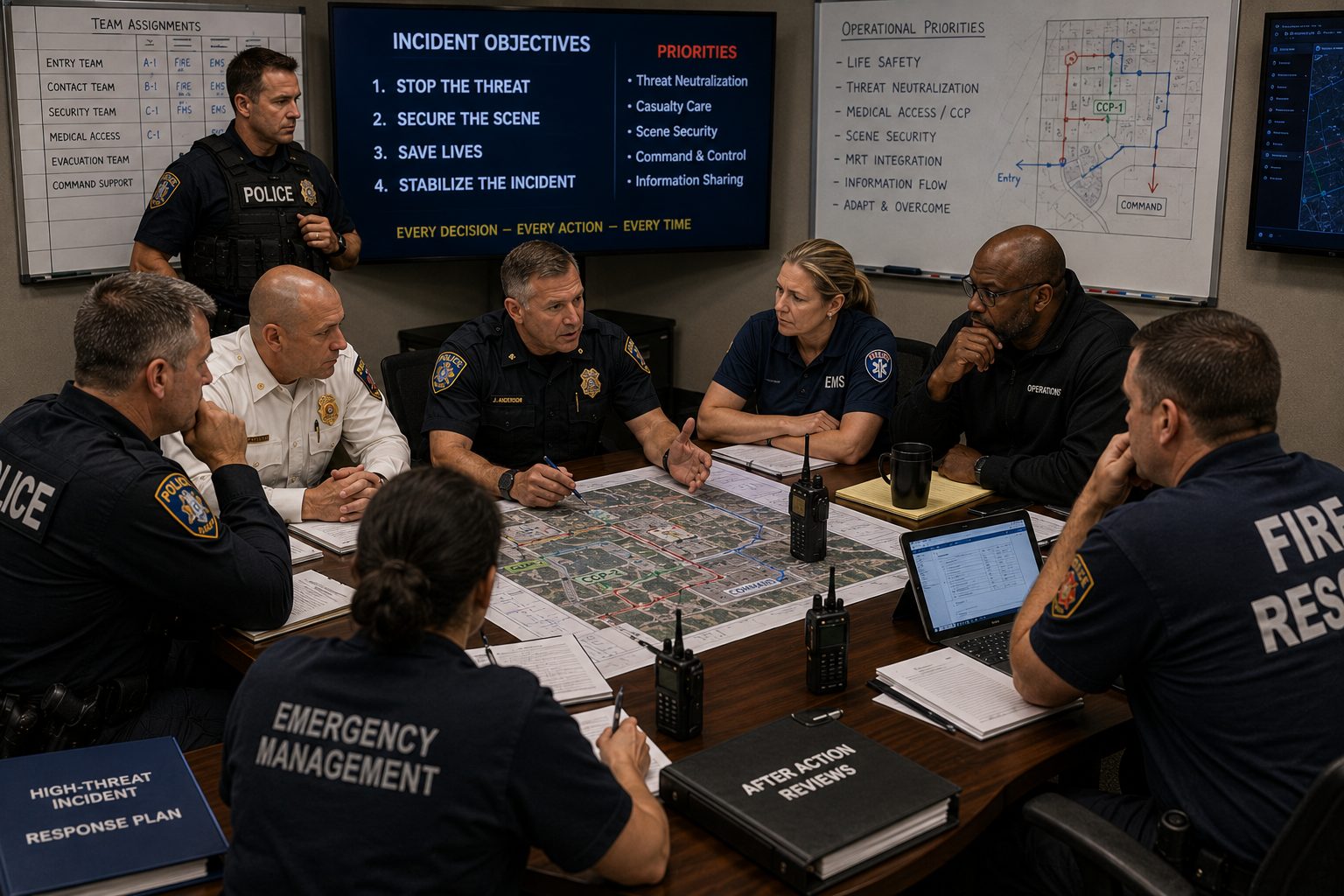 Law enforcement, EMS, fire, and command personnel coordinating simultaneous mission objectives during a high-threat incident Law enforcement, EMS, fire, and command personnel coordinating simultaneous mission objectives during a high-threat incident
