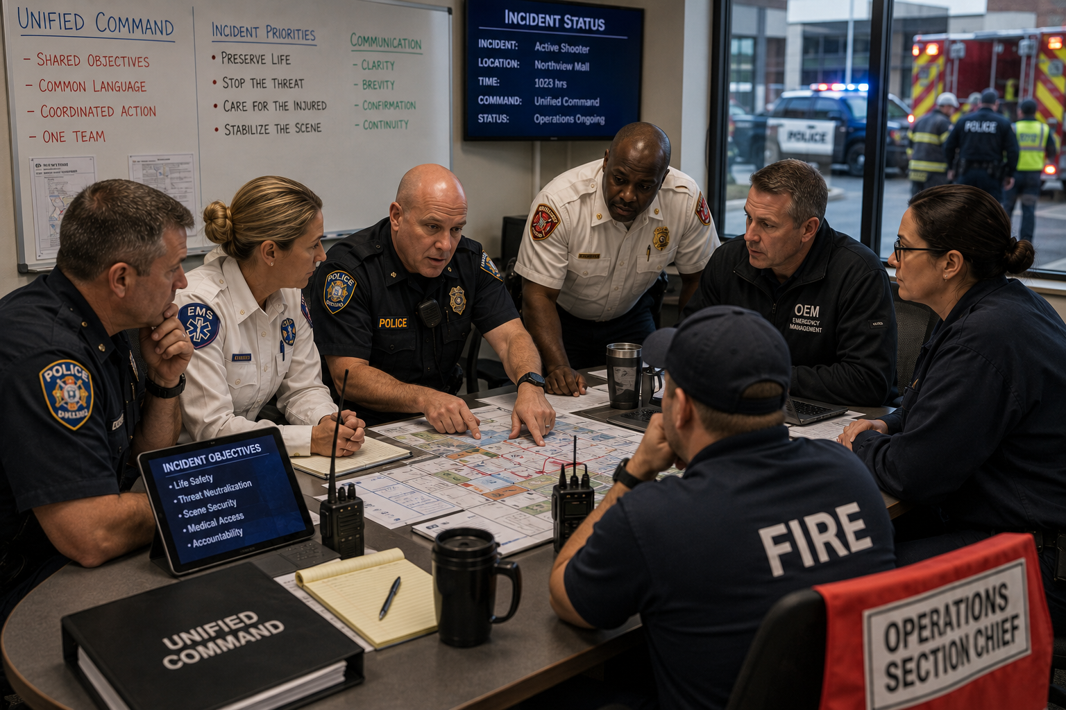 Law enforcement, EMS, fire, and emergency management leaders coordinating together during a high-threat incident response Law enforcement, EMS, fire, and emergency management leaders coordinating together during a high-threat incident response