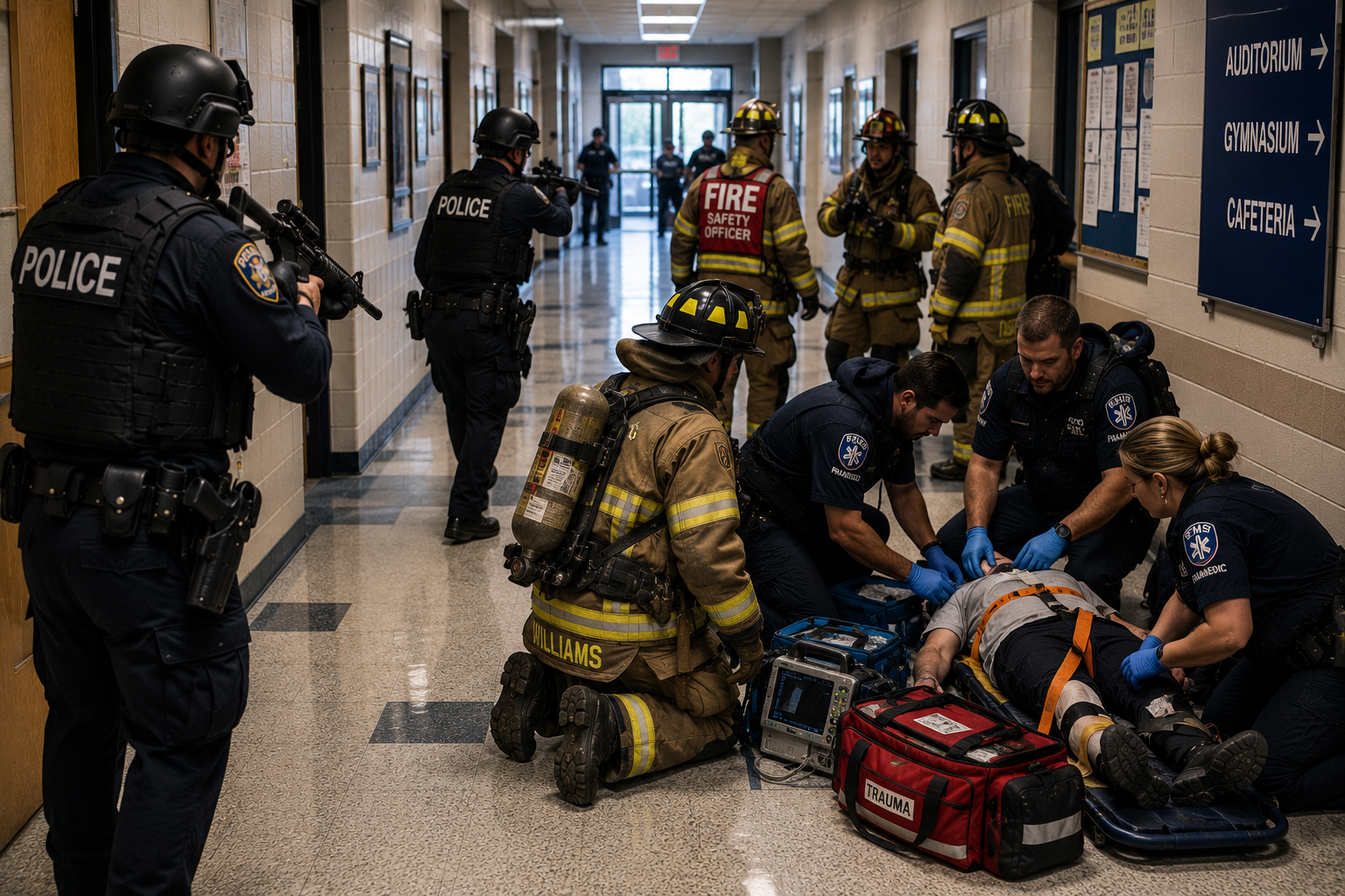 Police, EMS, and fire personnel working in coordinated response inside a high-threat incident scene Police, EMS, and fire personnel working in coordinated response inside a high-threat incident scene
