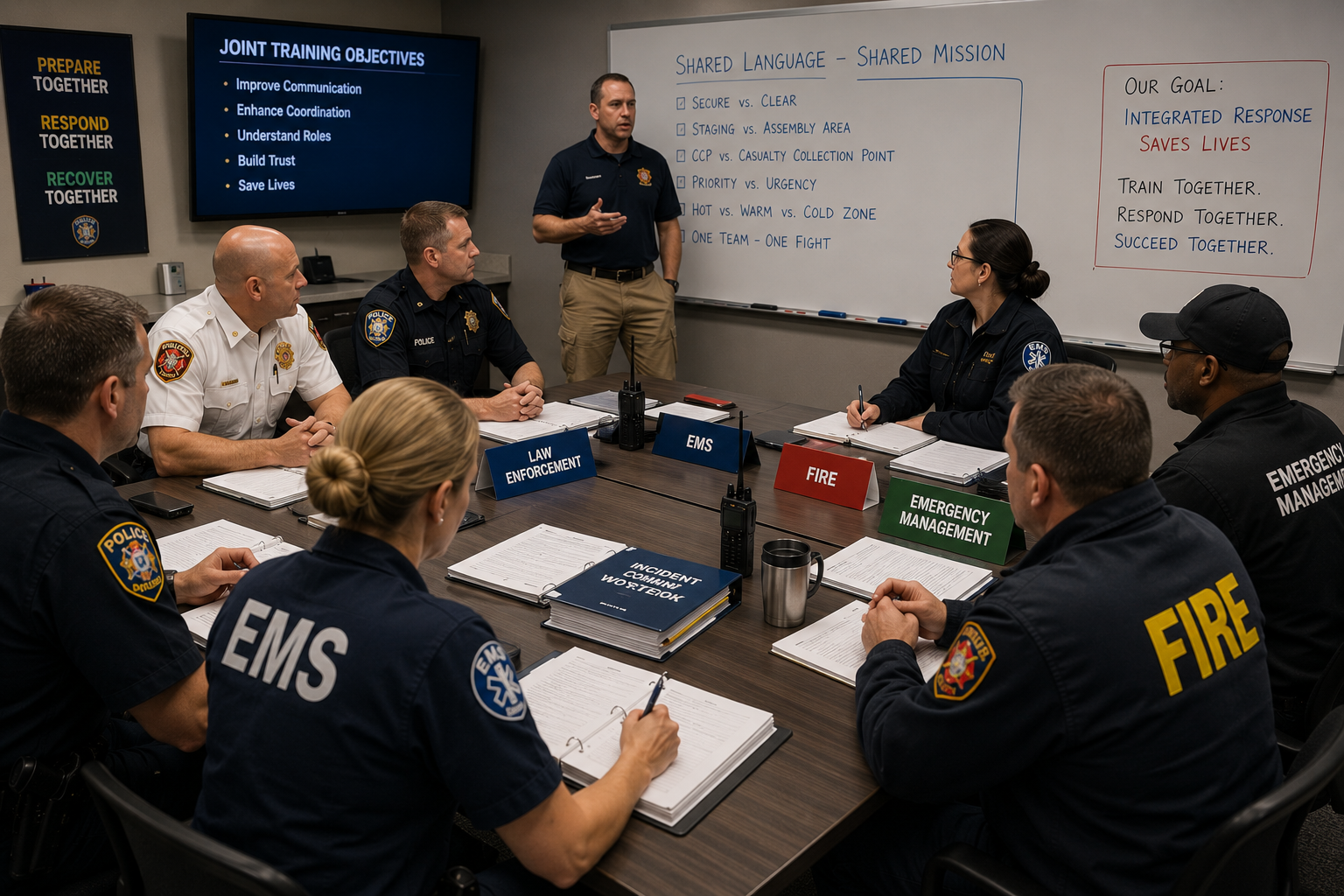 Police, EMS, fire, and emergency management personnel participating in joint training to improve coordinated high-threat response Police, EMS, fire, and emergency management personnel participating in joint training to improve coordinated high-threat response
