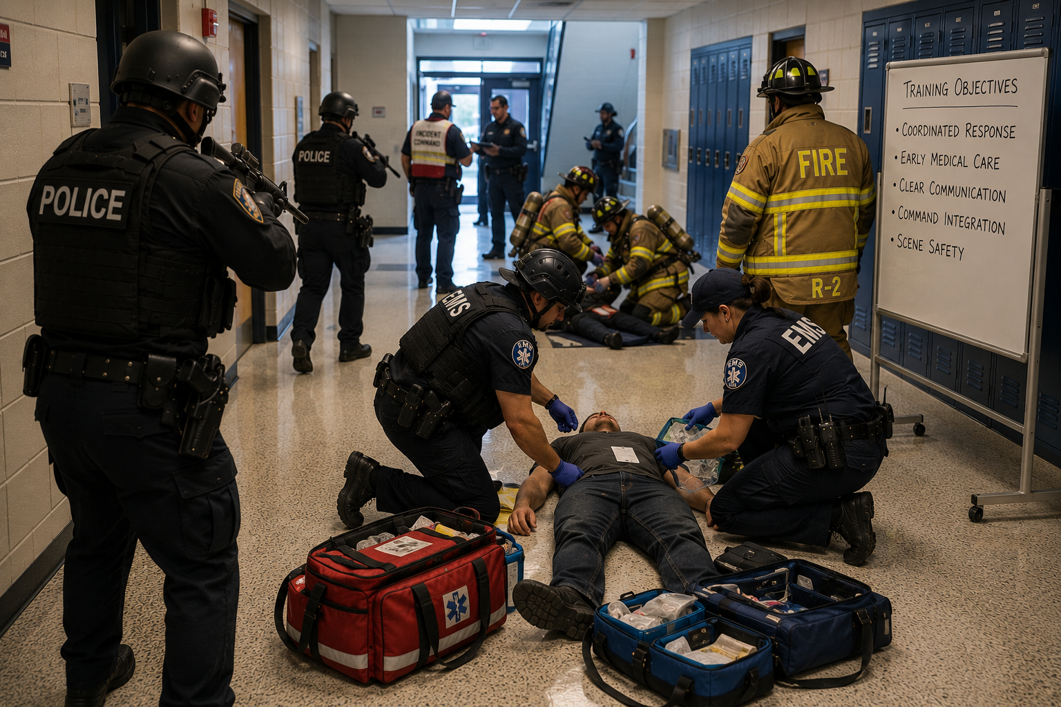 Police, EMS, and fire personnel practicing coordinated casualty care and security during a joint high-threat training exercise Police, EMS, and fire personnel practicing coordinated casualty care and security during a joint high-threat training exercise