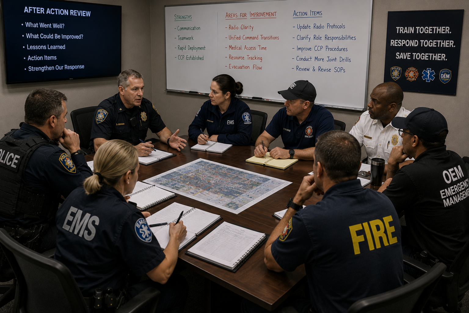 Multi-agency responders reviewing communication, coordination, and lessons learned after a joint high-threat training exercise Multi-agency responders reviewing communication, coordination, and lessons learned after a joint high-threat training exercise